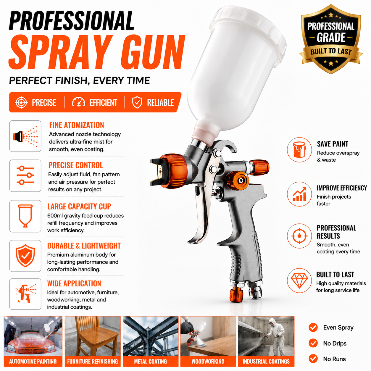 HVLP Spray Gun for Metal Coating and Industrial Surface Finishing 1.0mm Gravity Feed High Performance Paint Sprayer