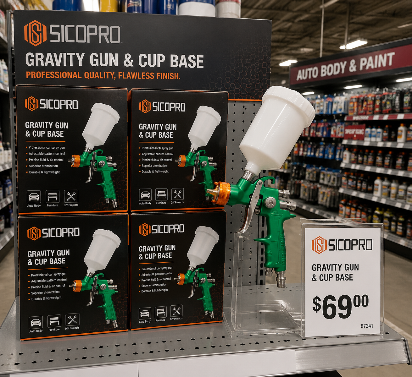 SICOPRO Gravity Gun and Cup Base Retail Box Professional Spray Gun