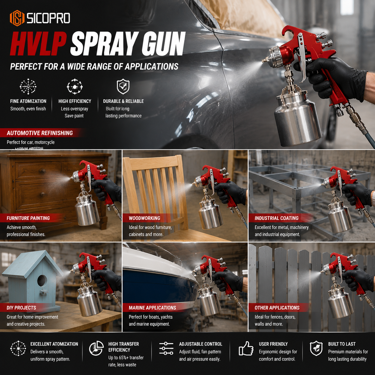 SICOPRO Multi-Application Pneumatic Spray Gun with Metal Cup