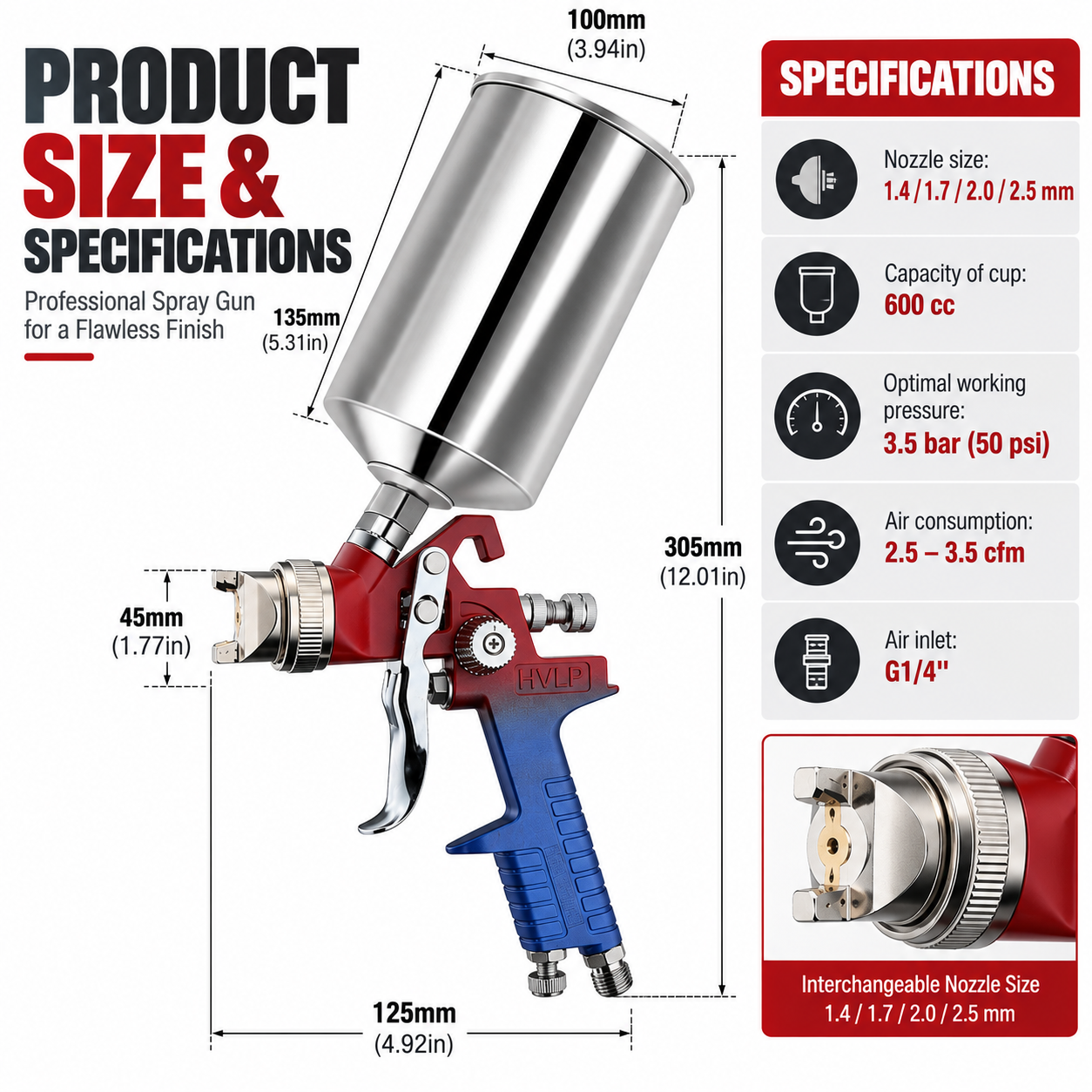 H-827P HVLP Gravity Feed Spray Gun 600cc Metal Cup for Automotive Refinishing