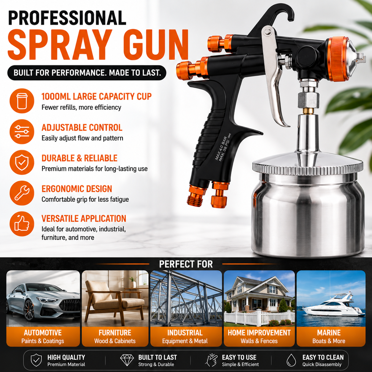 Sicopro SK-101 Professional LVLP Spray Gun with 1000ML Metal Cup