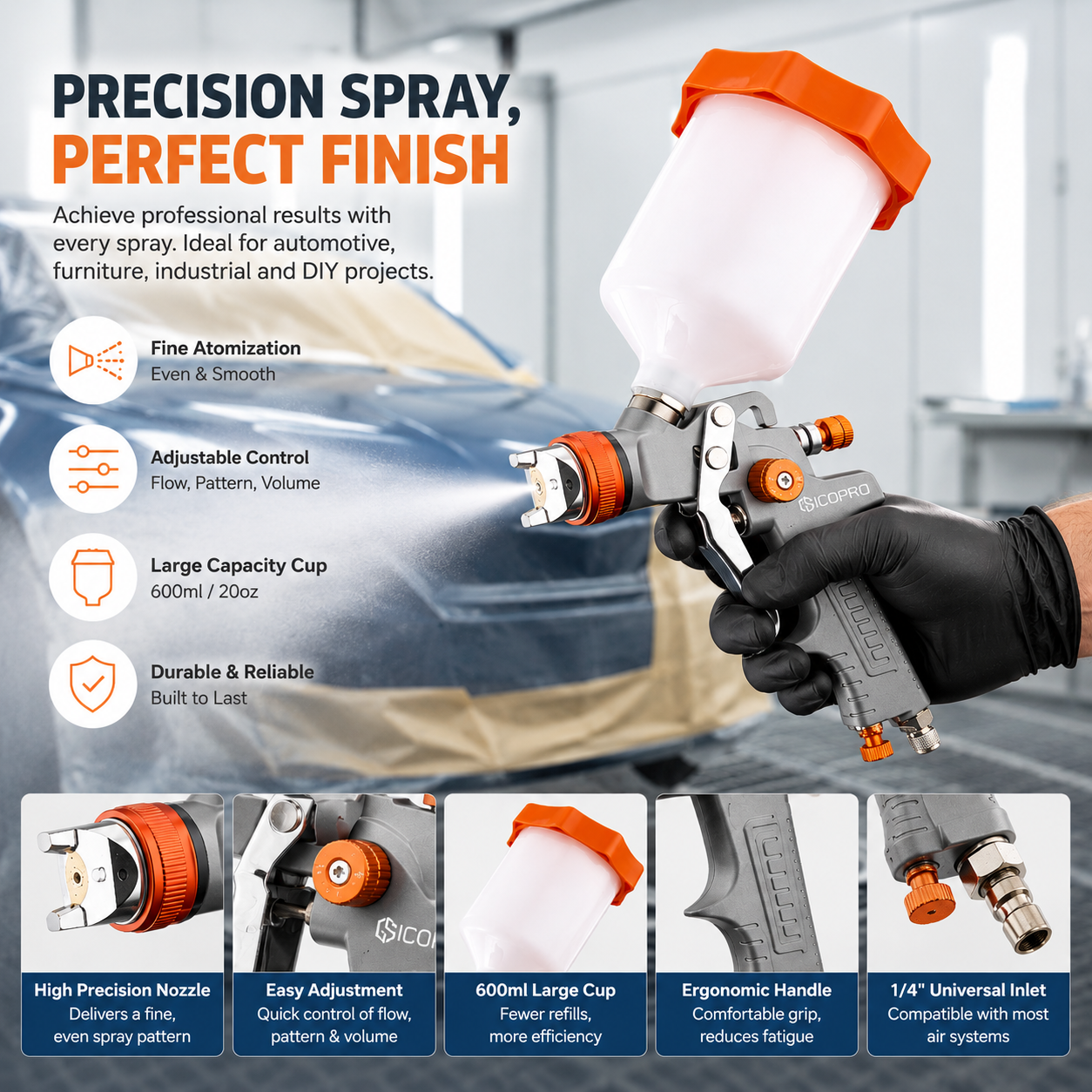 Precision LVLP Coating Application Gun with 600ml Cup
