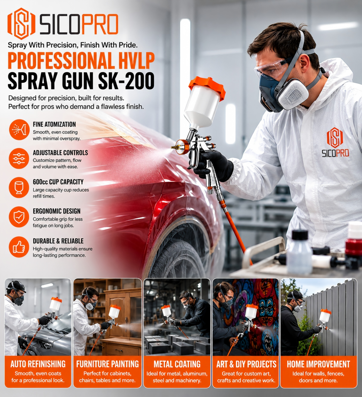 Retail Display Professional HVLP Spray Gun 1.5mm Nozzle 600cc Cup