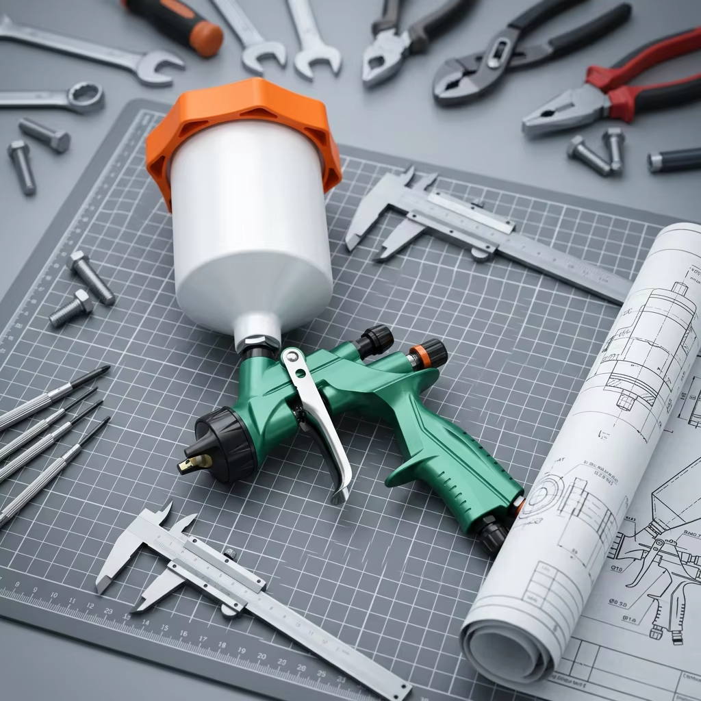 Green Professional Gravity Feed Spray Gun with White Cup and Orange Lid