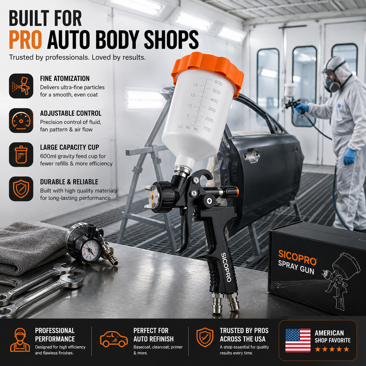 SICOPRO LVLP Paint Spray Gun Anatomy with Adjustable Spray Patterns