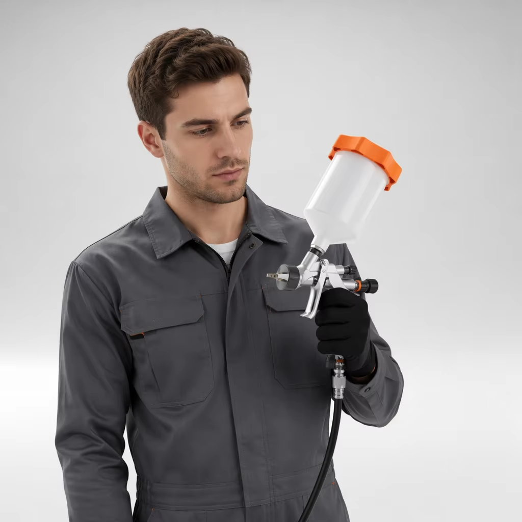 Silver Gravity Feed Pneumatic Spray Gun with White Cup and Orange Lid