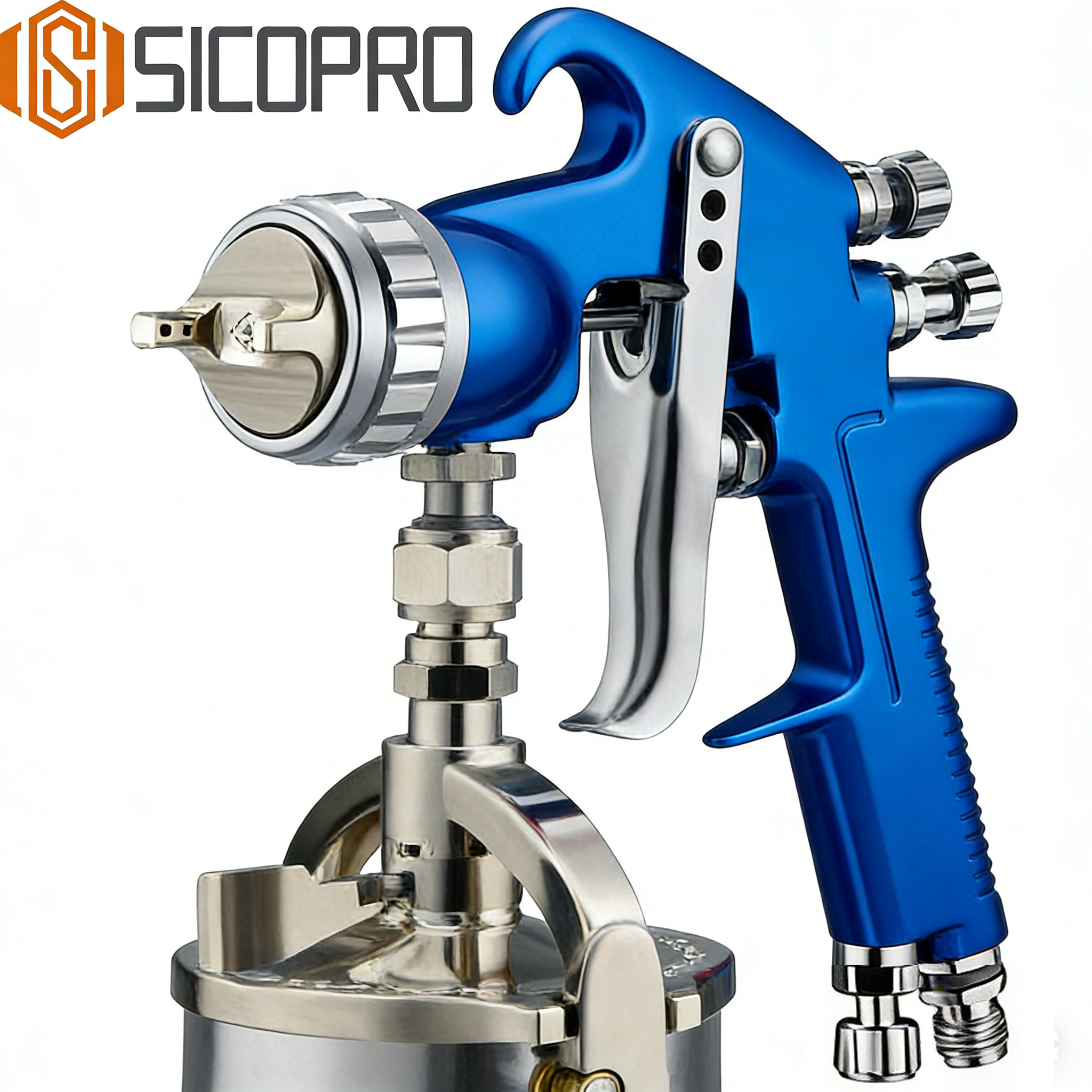 SICOPRO LVLP Refinished Painting Spray Gun – Blue Edition with Stainless Steel Pressure Pot