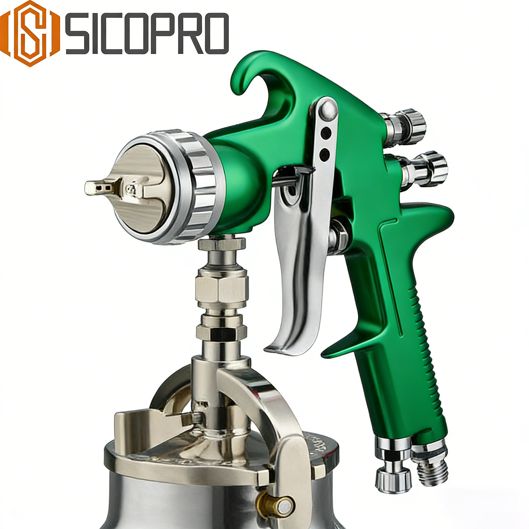 SICOPRO LVLP Refinished Painting Spray Gun – Green Edition with Stainless Steel Pressure Pot