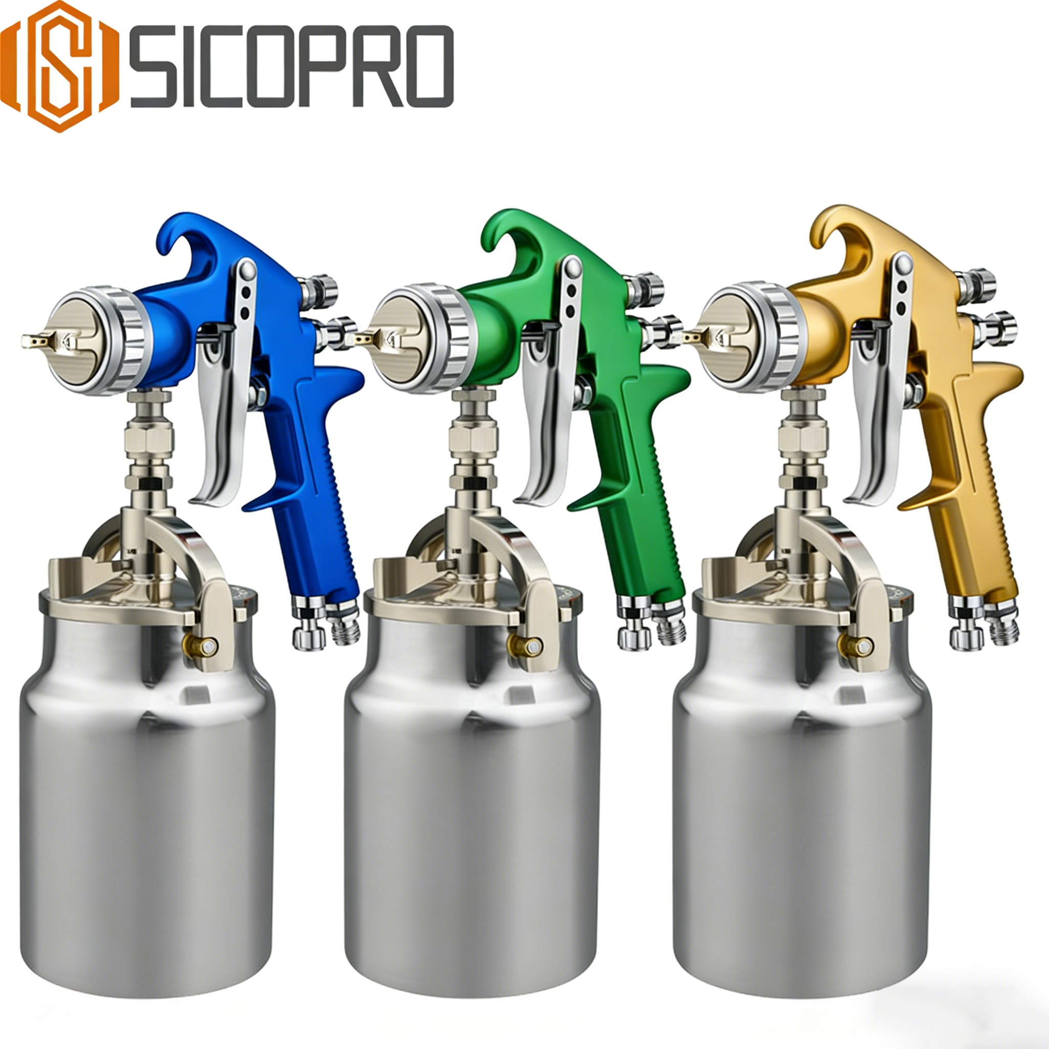 GSG LVLP Spray Gun 3-Color Set - Blue, Green, Golden for Automotive & Industrial Use