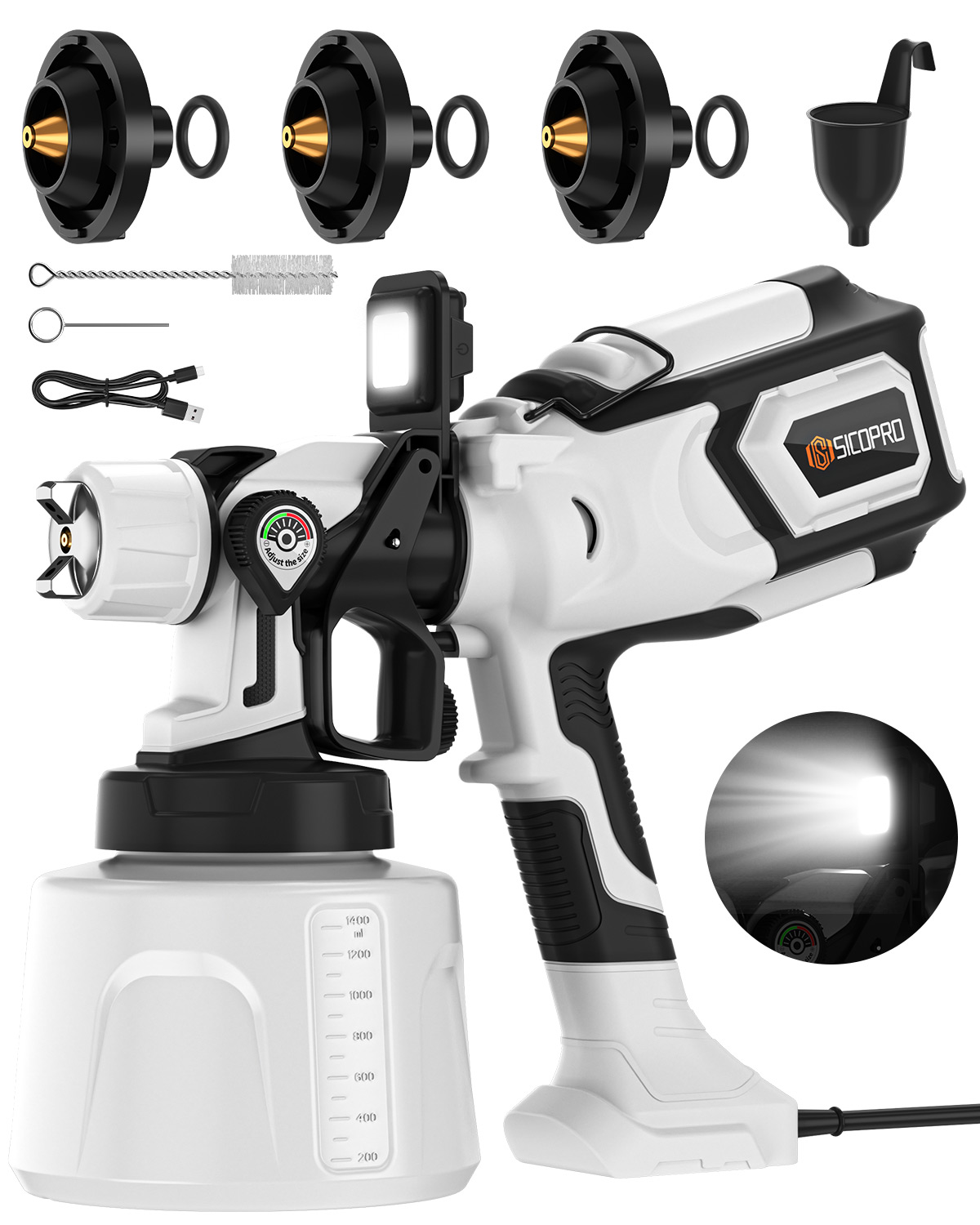 SK05554 1400ml Electric HVLP Paint Sprayer with LED Work Light and 3-Nozzle Kit