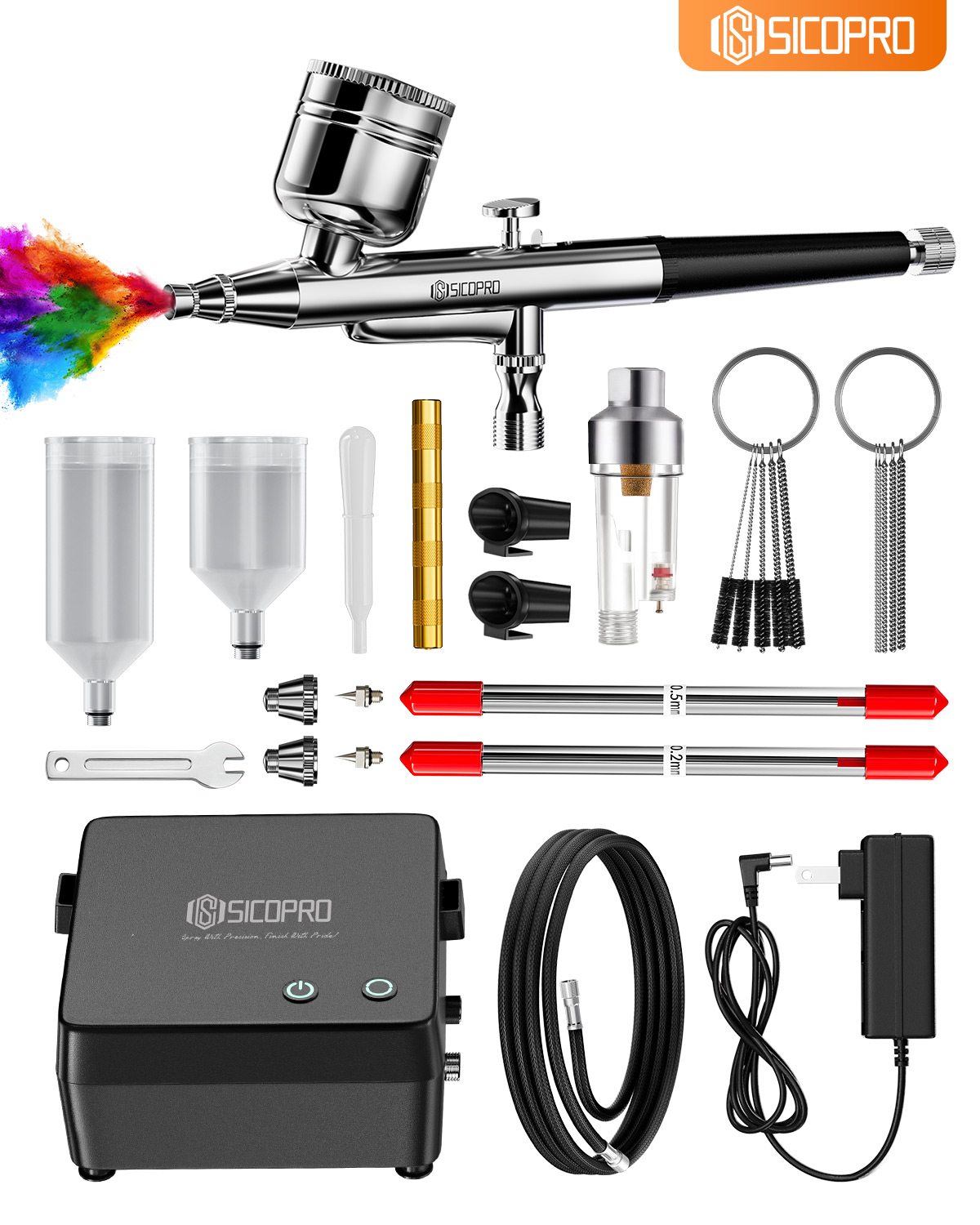 SK31814 Desktop Airbrush Compressor Kit with 0.2mm and 0.5mm Needle Sets, Filter and Hose