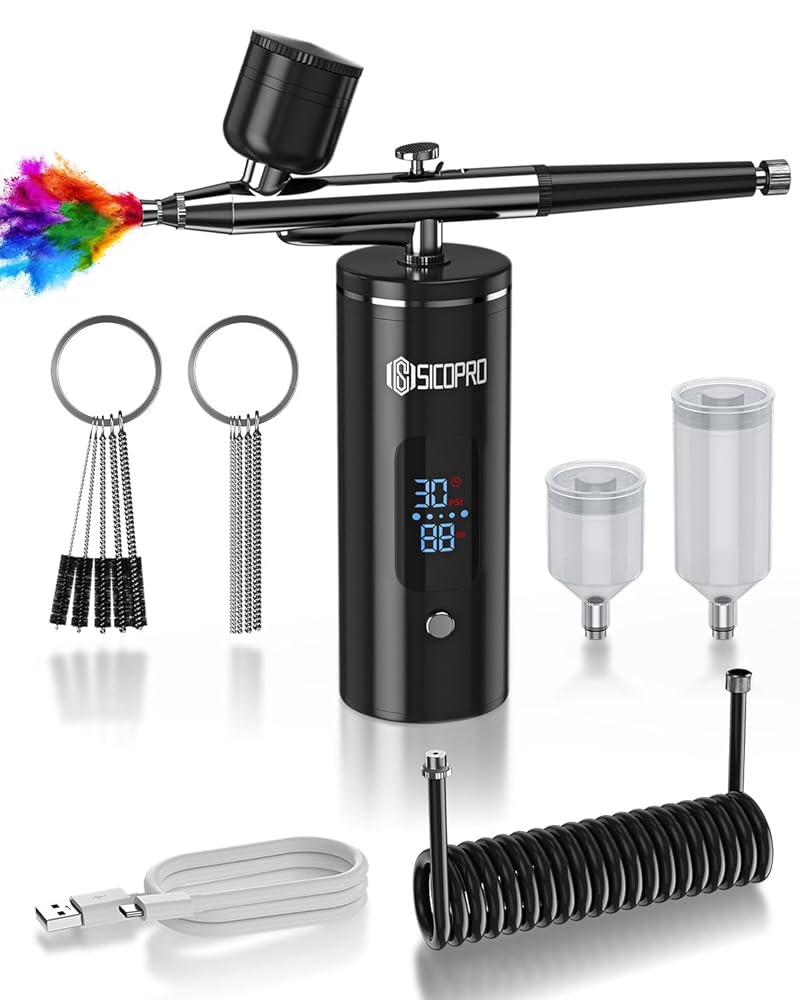 SK39224 Black Rechargeable Airbrush Kit with Digital Mini Compressor and Accessory Set