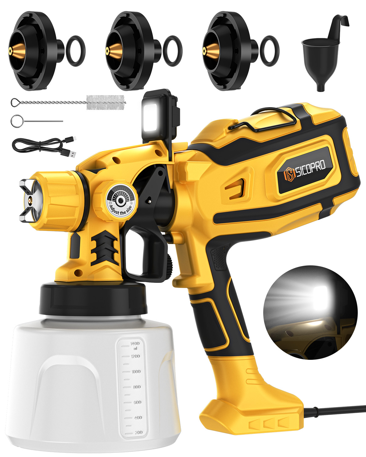 SK40934 1400ml Yellow Electric HVLP Paint Sprayer with LED Light and 3-Nozzle Accessory Kit