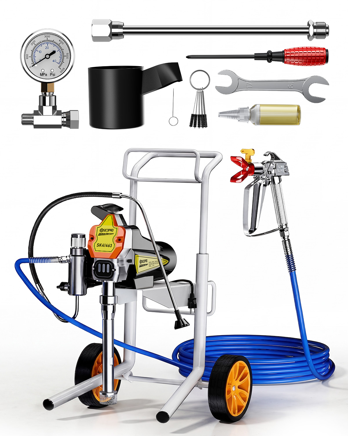 SK41463 Professional Cart-Mounted Airless Paint Sprayer System with Spray Gun, Hose and Pressure Gauge