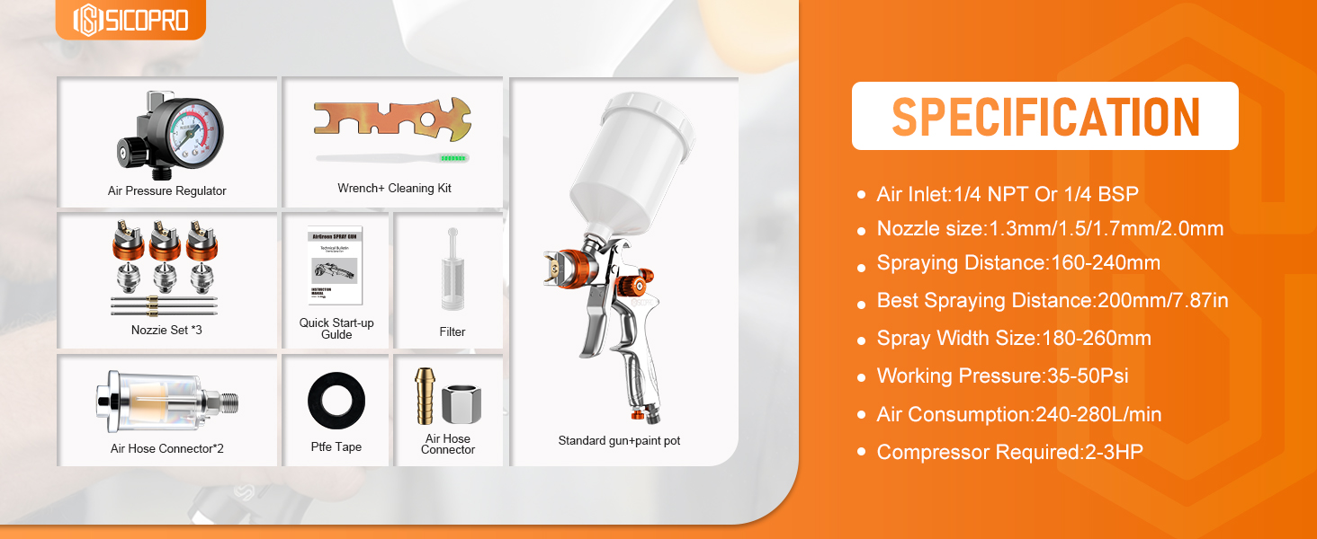 SICOPRO LVLP Gravity Feed Paint Spray Gun Kit with 1.3/1.5/1.7/2.0mm Nozzles