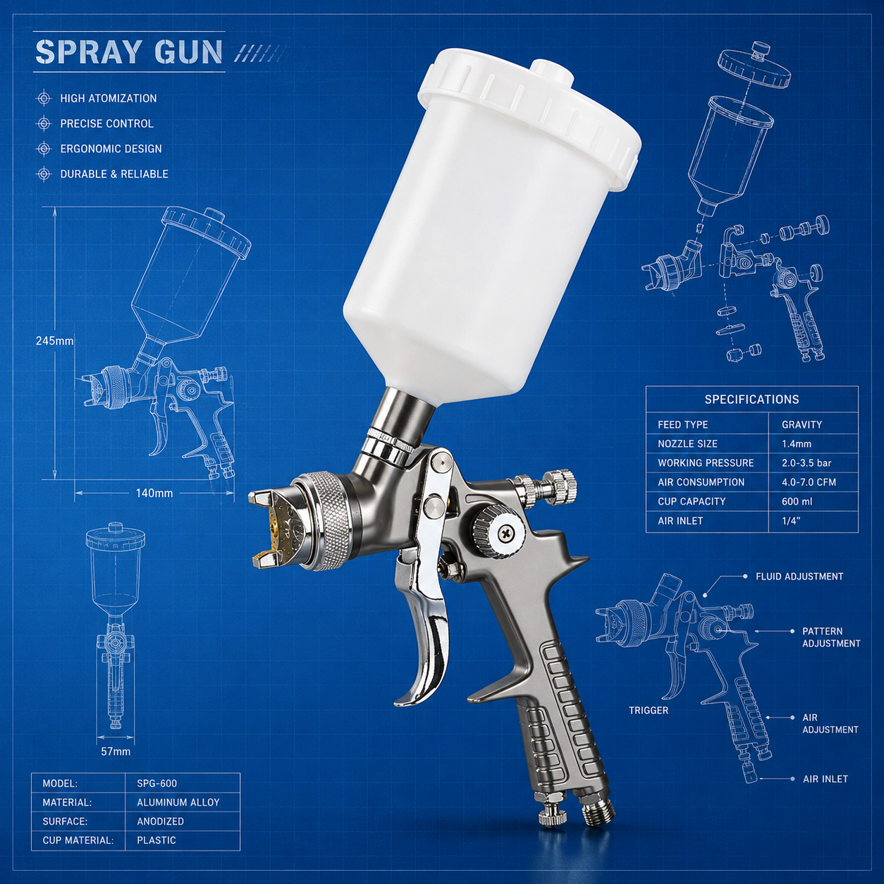 Automotive Refinishing HVLP Spray Gun with 600ml Gravity Cup