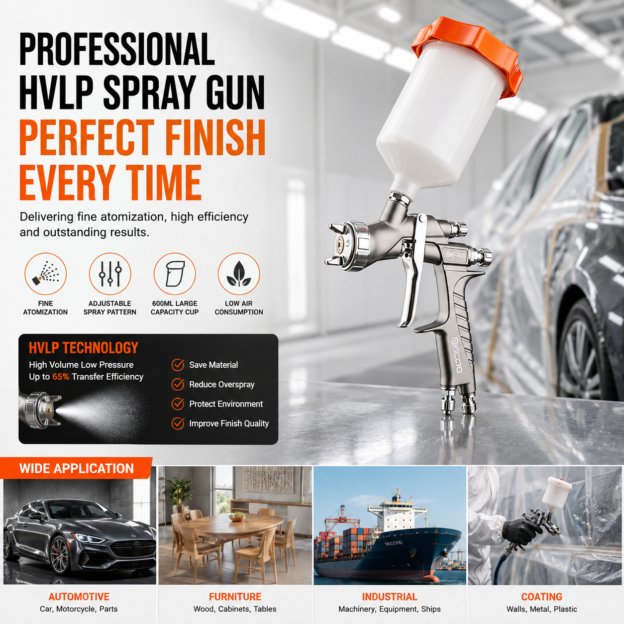 600ml Professional HVLP Spray Gun Perfect Finish Paint Sprayer for Automotive Furniture Industrial Coating