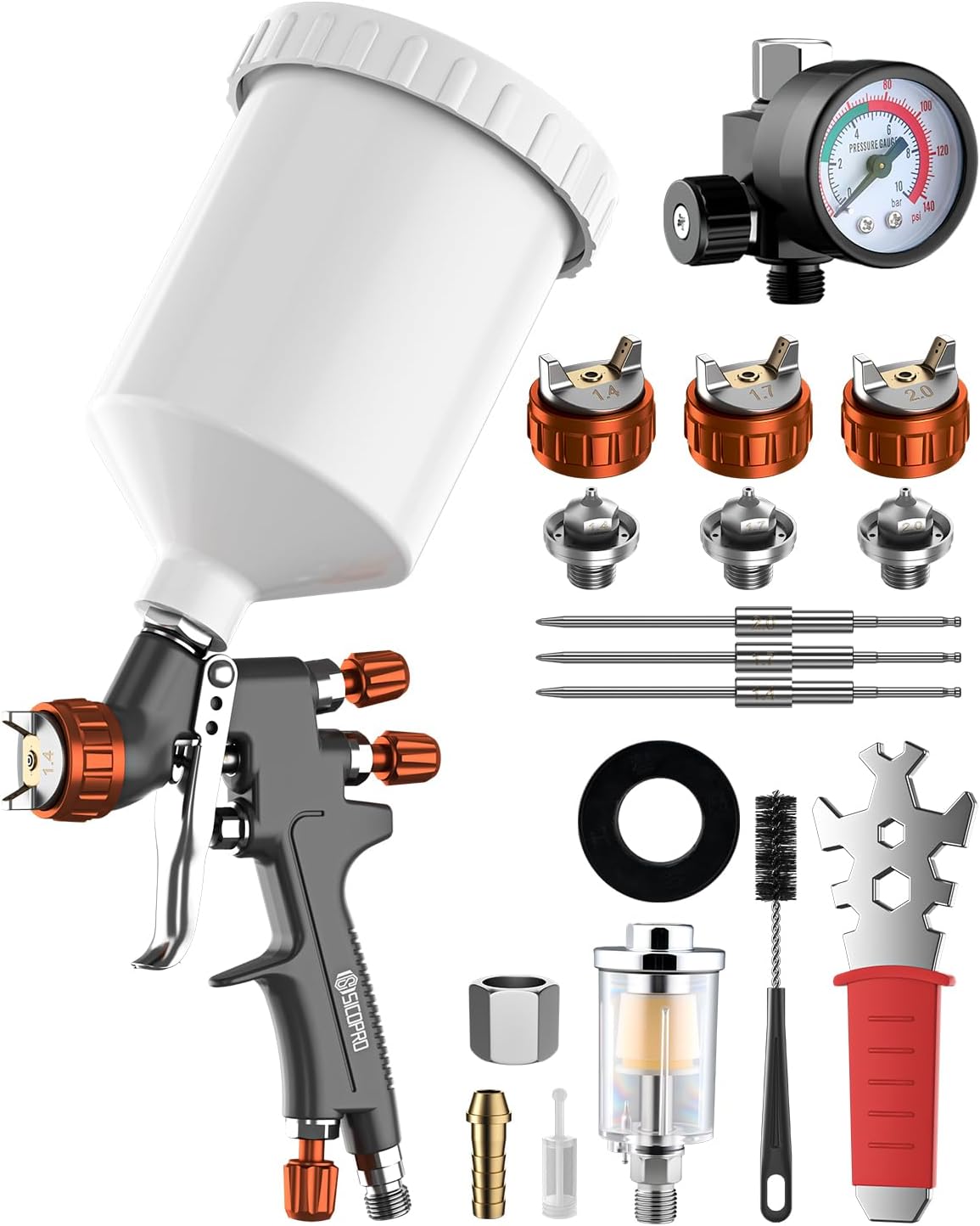 HVLP Gravity Feed Spray Gun Kit with Regulator Gauge and 1.4/1.7/2.0mm Nozzles for Car Paint