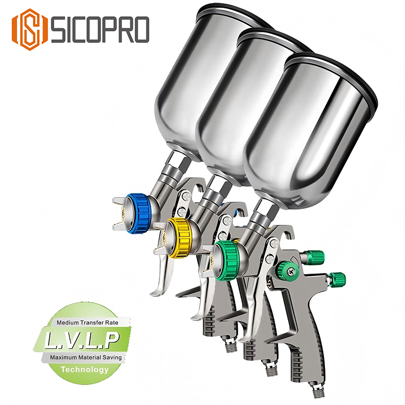 LVLP 3-Spray Gun Set - Green, Yellow & Blue Nozzles for Auto Refinishing
