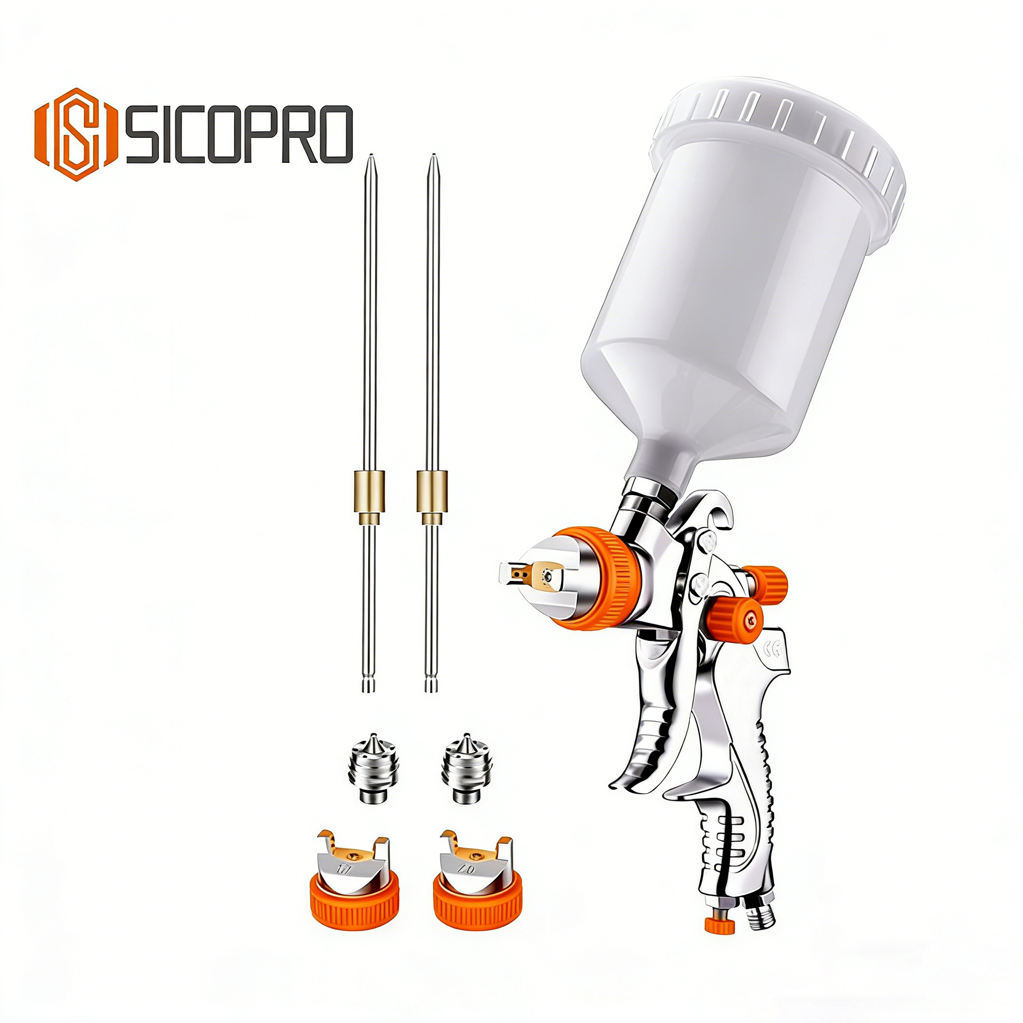 SICOPRO 2008 White Chrome LVLP Spray Gun Kit with 1.4/1.7/2.0mm Nozzles