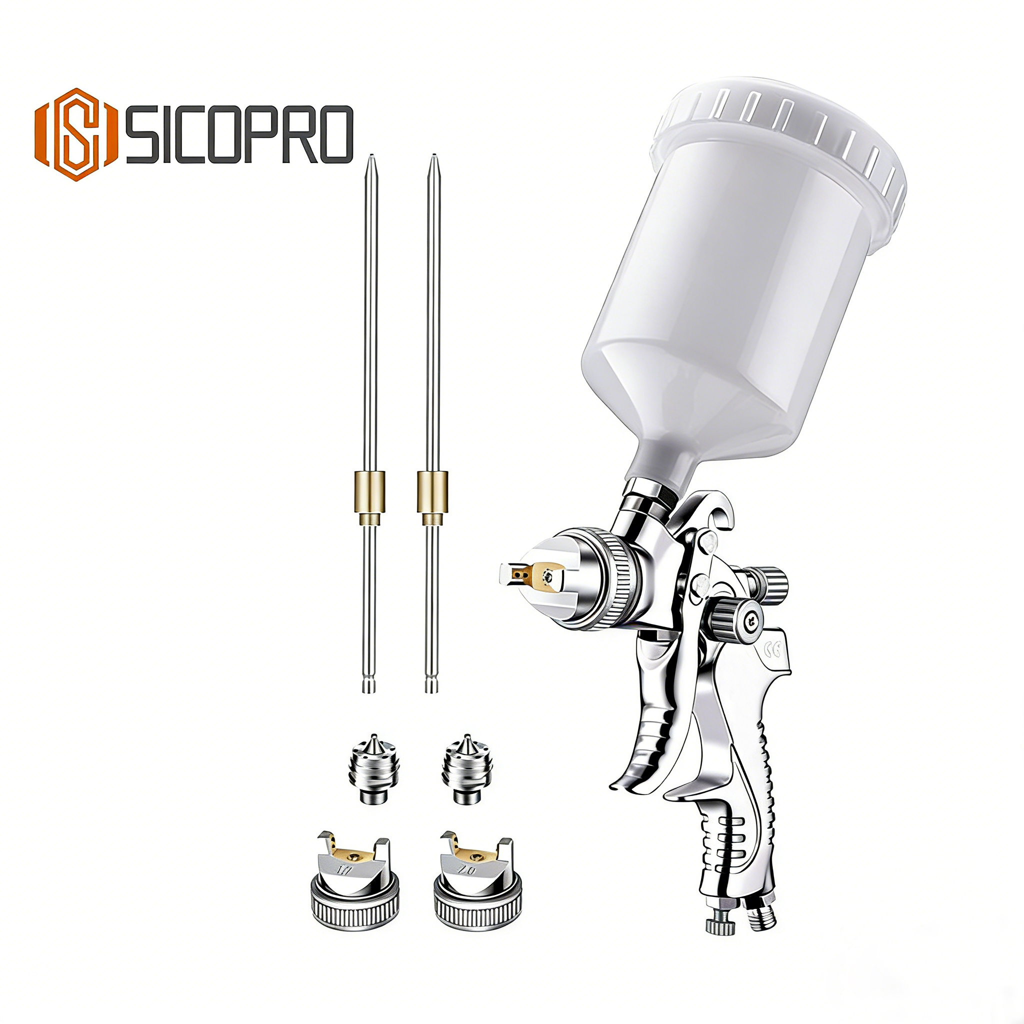 SICOPRO 2008 LVLP Chrome Spray Gun Kit with 1.4/1.7/2.0mm Nozzles for Automotive and Woodworking