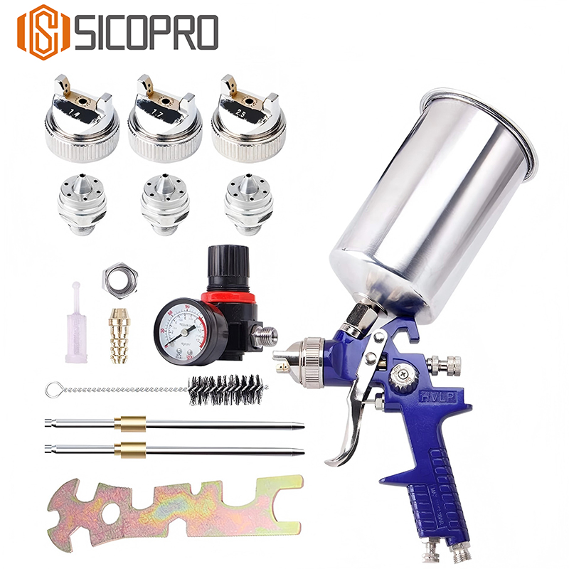 SICOPRO HVLP Spray Gun Kit SK-827 with 1.4/1.7/2.5mm Nozzles and 600ml Aluminum Cup + Pressure Regulator