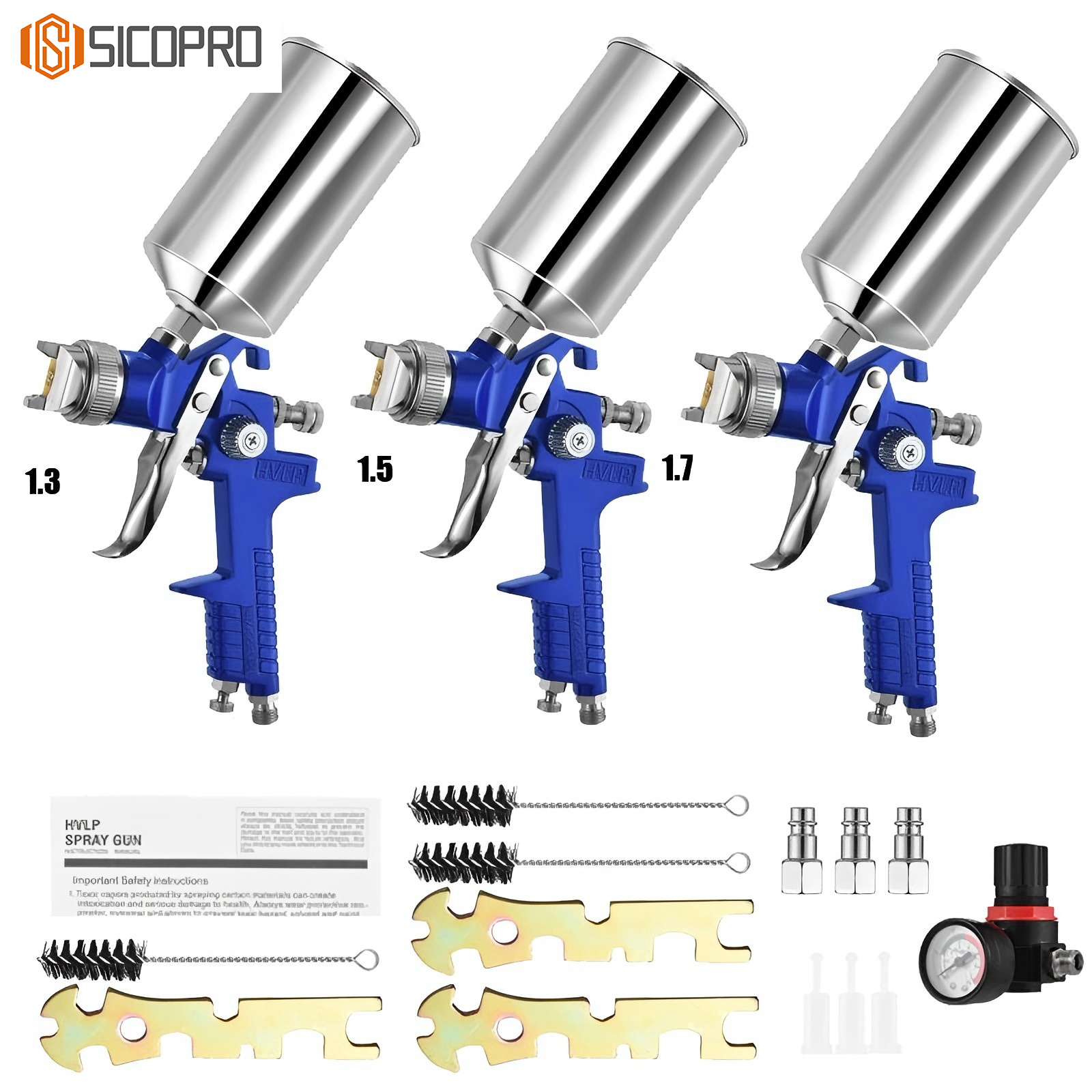 3-Piece LVLP Spray Gun Kit with 1.3mm 1.5mm 1.7mm Nozzles - HVLP Style