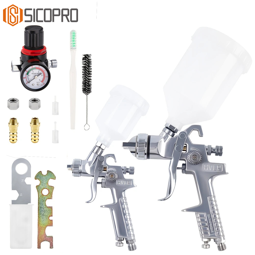 H-827P + H-2000P LVLP Spray Gun Kit with MF-05 Regulator – 2-Piece Gravity Feed Paint Guns with Plastic Cups & Accessories