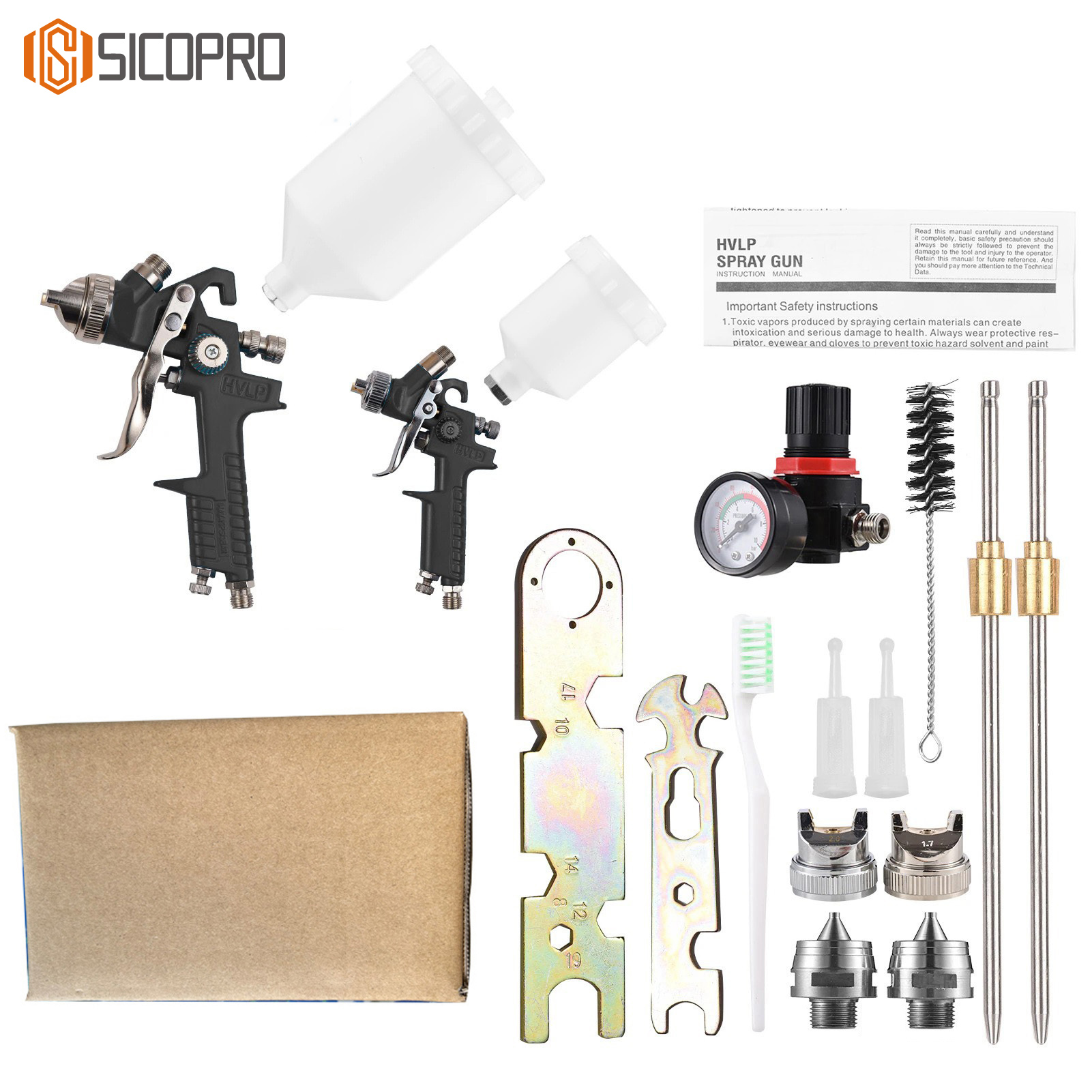 SICOPRO LVLP Spray Gun Set – H-827P & H-2000P with Plastic Cups and Accessories in Kraft Box