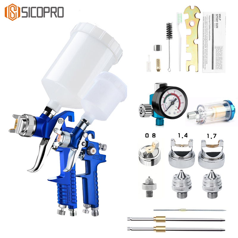 H-827P + H-2000P LVLP Spray Gun Kit with MF-07 Regulator & MF-01 Filter – 0.8/1.4/1.7mm Nozzles + Full Accessories