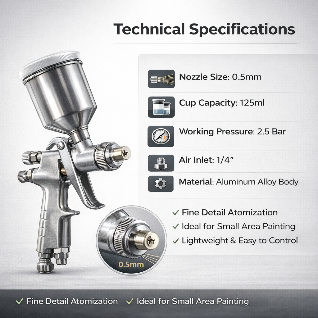 0.5mm LVLP Detail Spray Gun 125ml (2.5 Bar) Aluminum Alloy Body