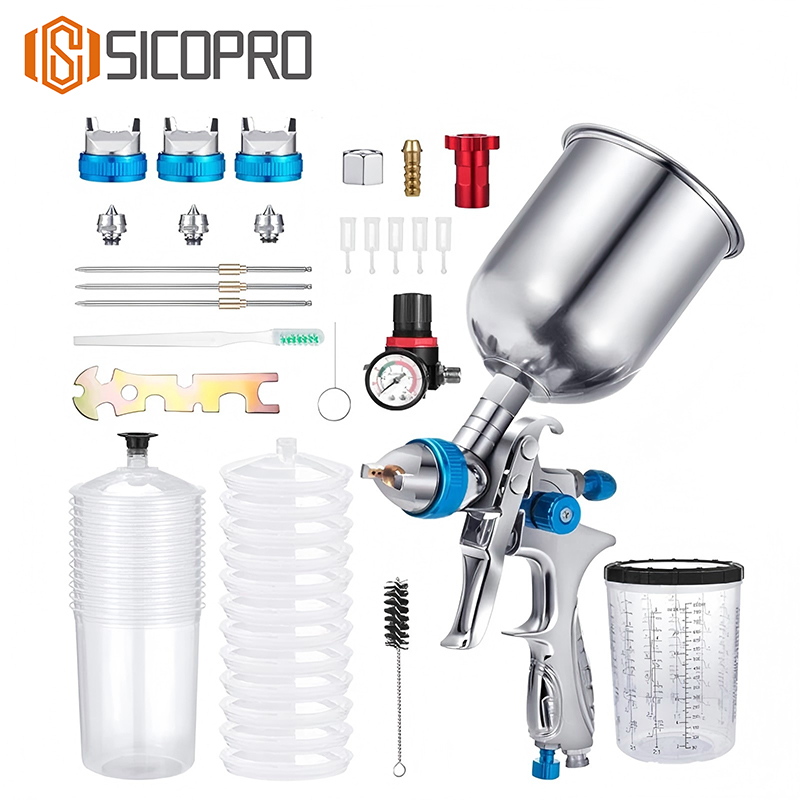 SICOPRO Professional LVLP Spray Gun Kit with 1.4/1.7/2.0mm Nozzles, 600ml Aluminum Cup, 800ml Gravity Cup & Pressure Regulator