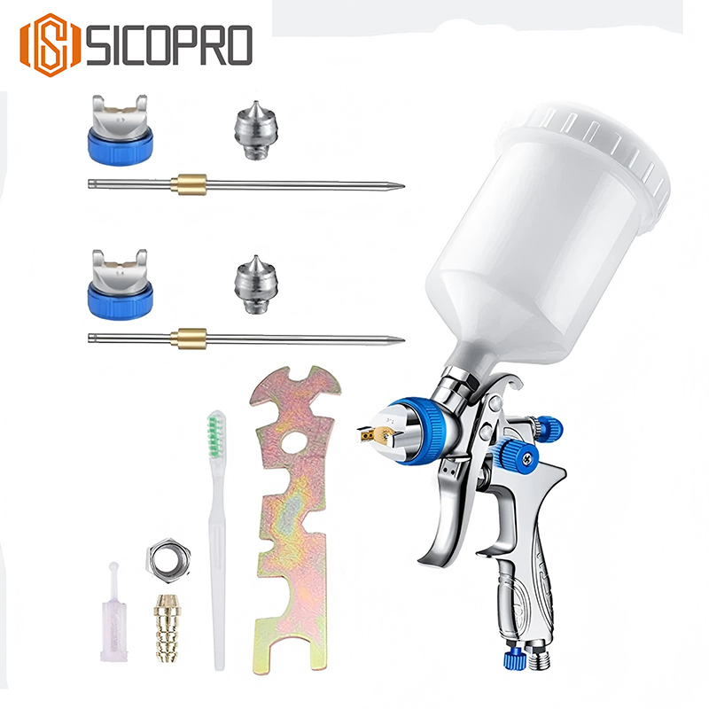 SICOPRO HVLP Spray Gun Kit with 1.3/1.4/1.5mm Nozzles & 600ml Gravity Cup for Automotive and Furniture Coating