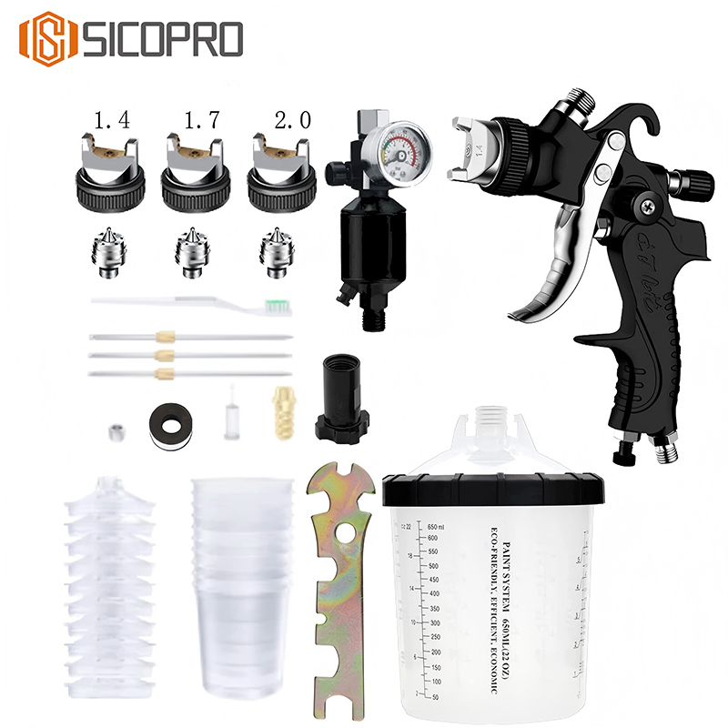 SICOPRO Black LVLP Spray Gun Kit 1.4/1.7/2.0mm Nozzles with 650ml PPS Cup and Regulator