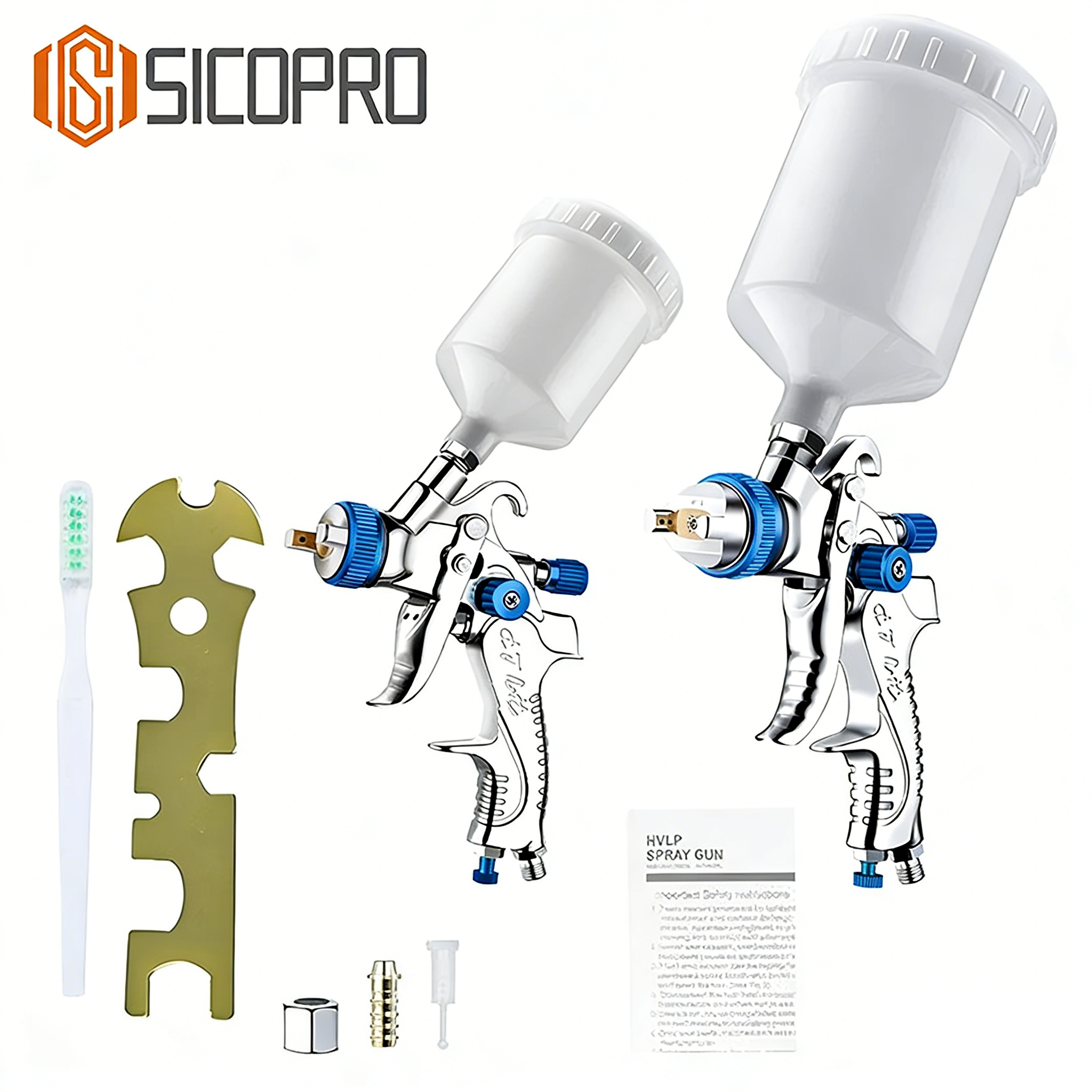 SICOPRO SK-2008 BLUE LVLP Automotive Spray Gun Kit – Dual Gun Set for Refinish Work