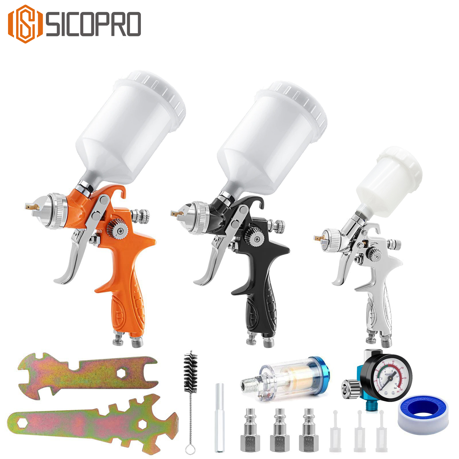 H-887P LVLP Spray Gun Set with Plastic Cups – 2 Full Size + 1 Mini Gun & Regulator + Filter Kit