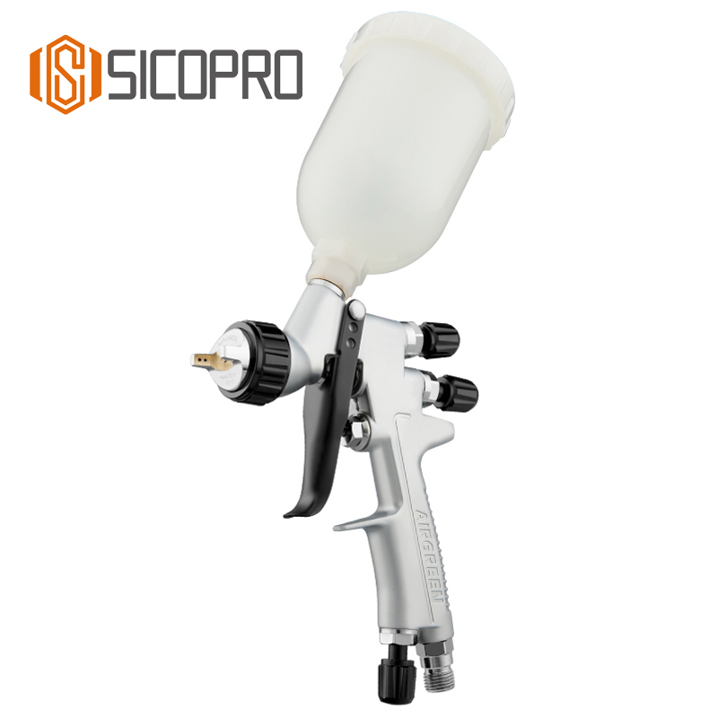 MINI888 Compact LVLP Gravity‑Feed Spray Gun – Silver Body with Plastic Cup