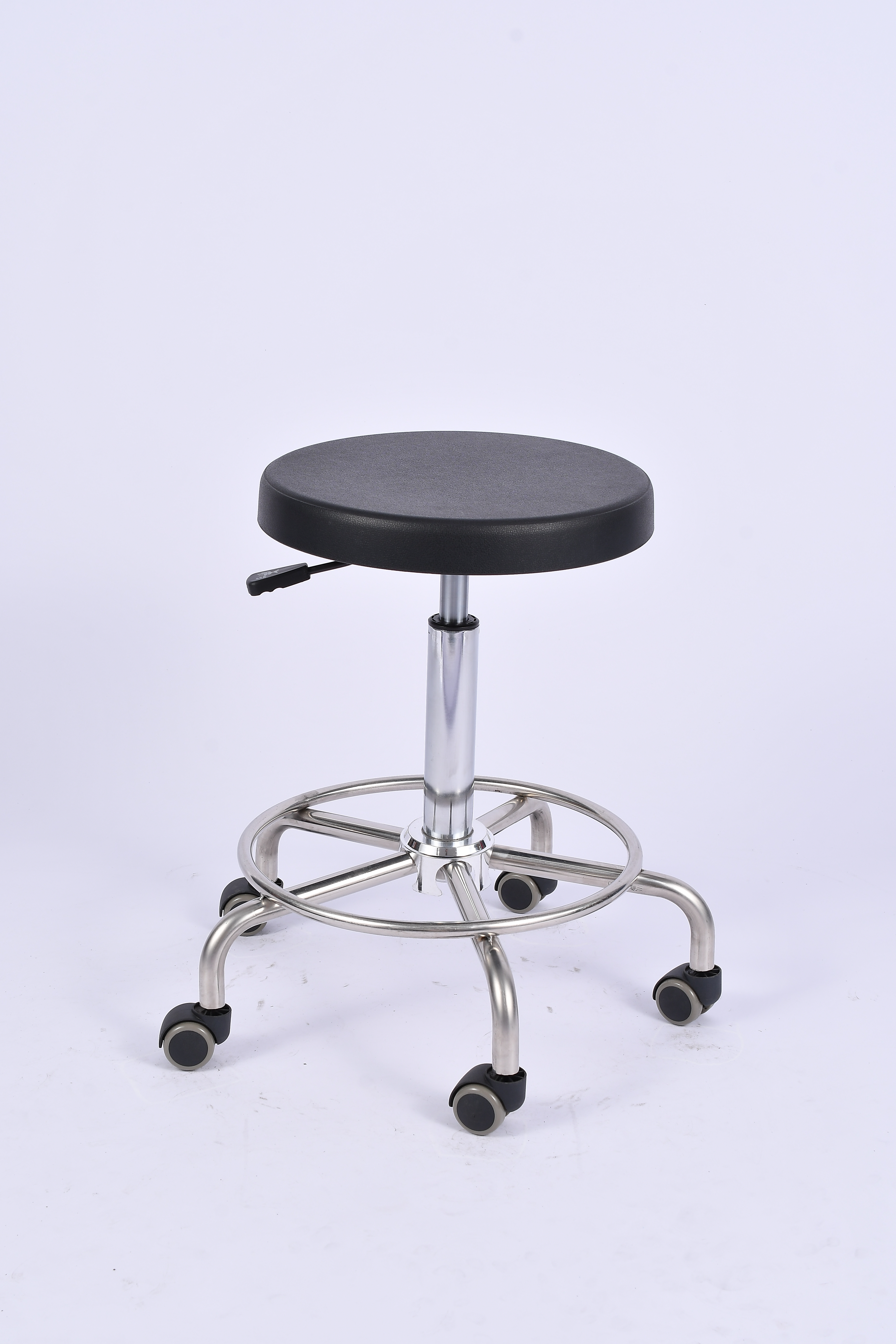 Industrial Polyurethane Adjustable with Casters and Chrome Foot Ring Laboratory Stool