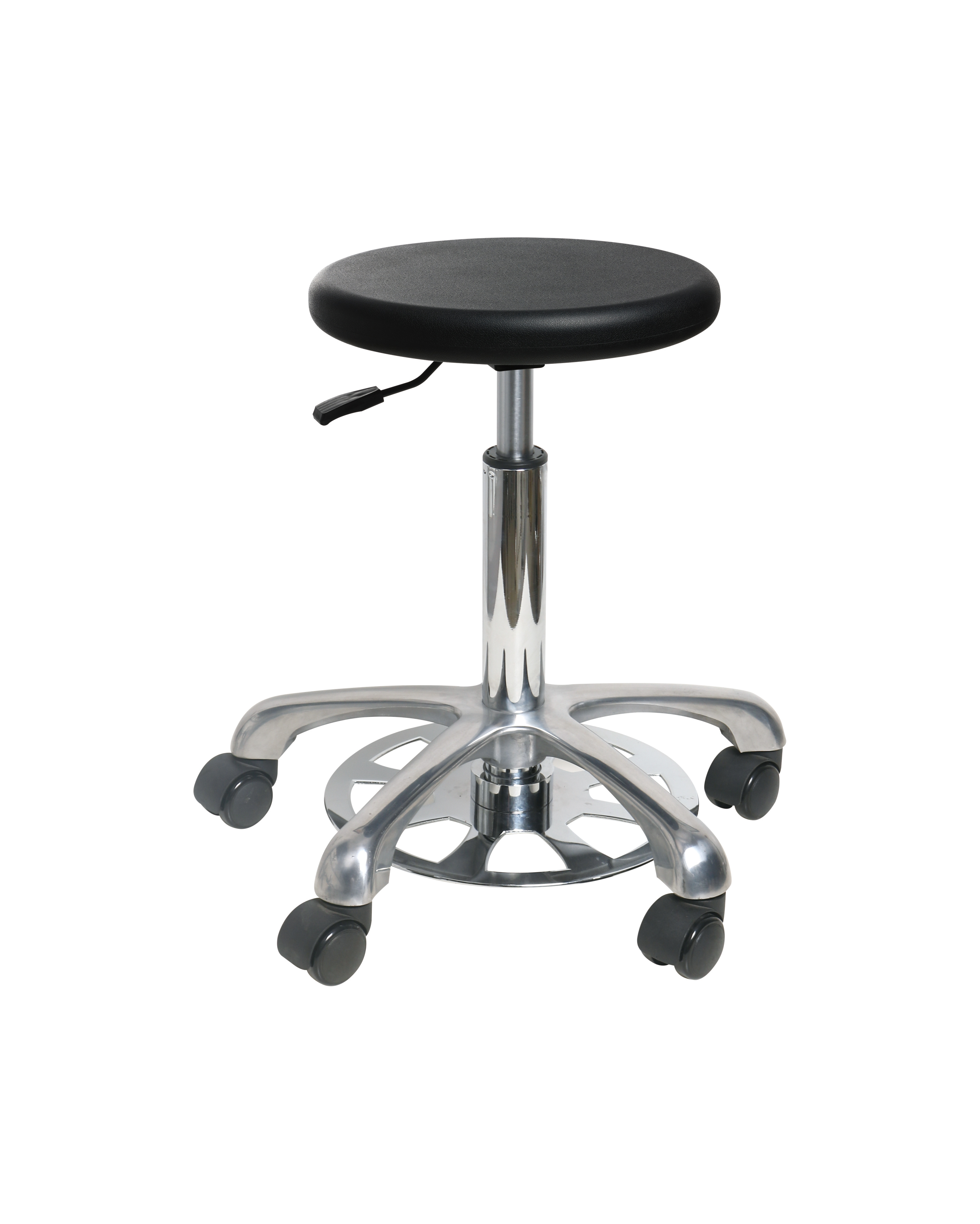 Anti Slip Polyurethane Adjustable Work Stool with Chrome Foot Ring and Casters Lab Seating
