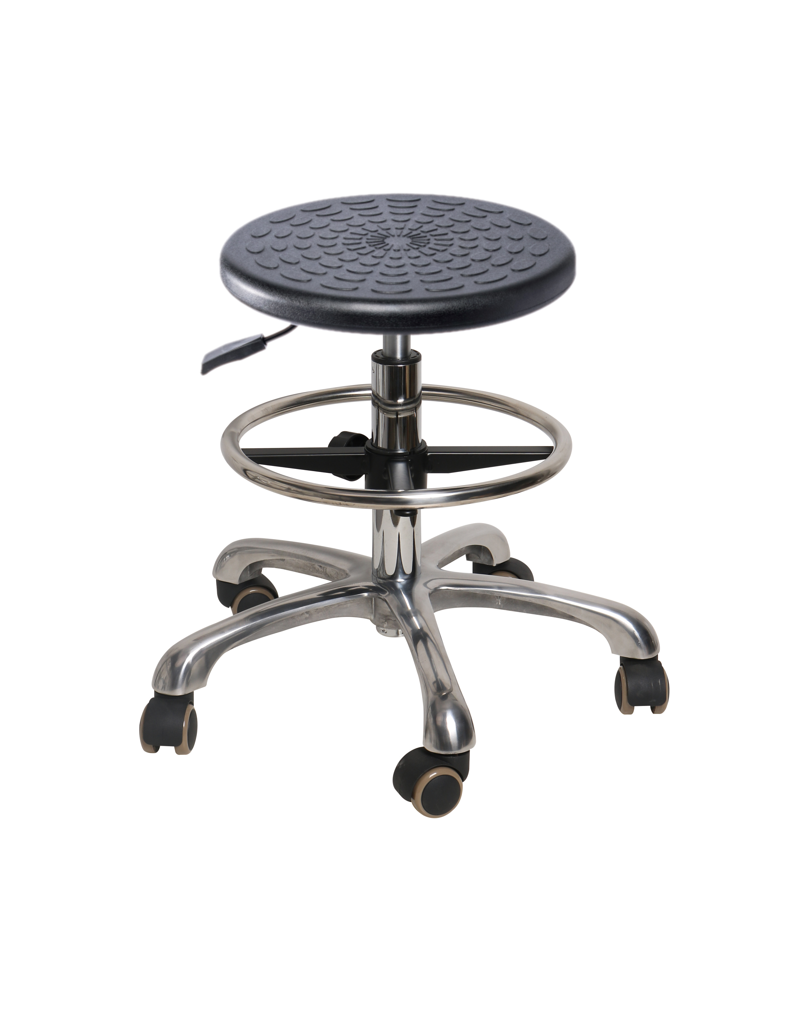 Adjustable Industrial PU Seating with Chrome Foot Ring and Wheels Laboratory Chair