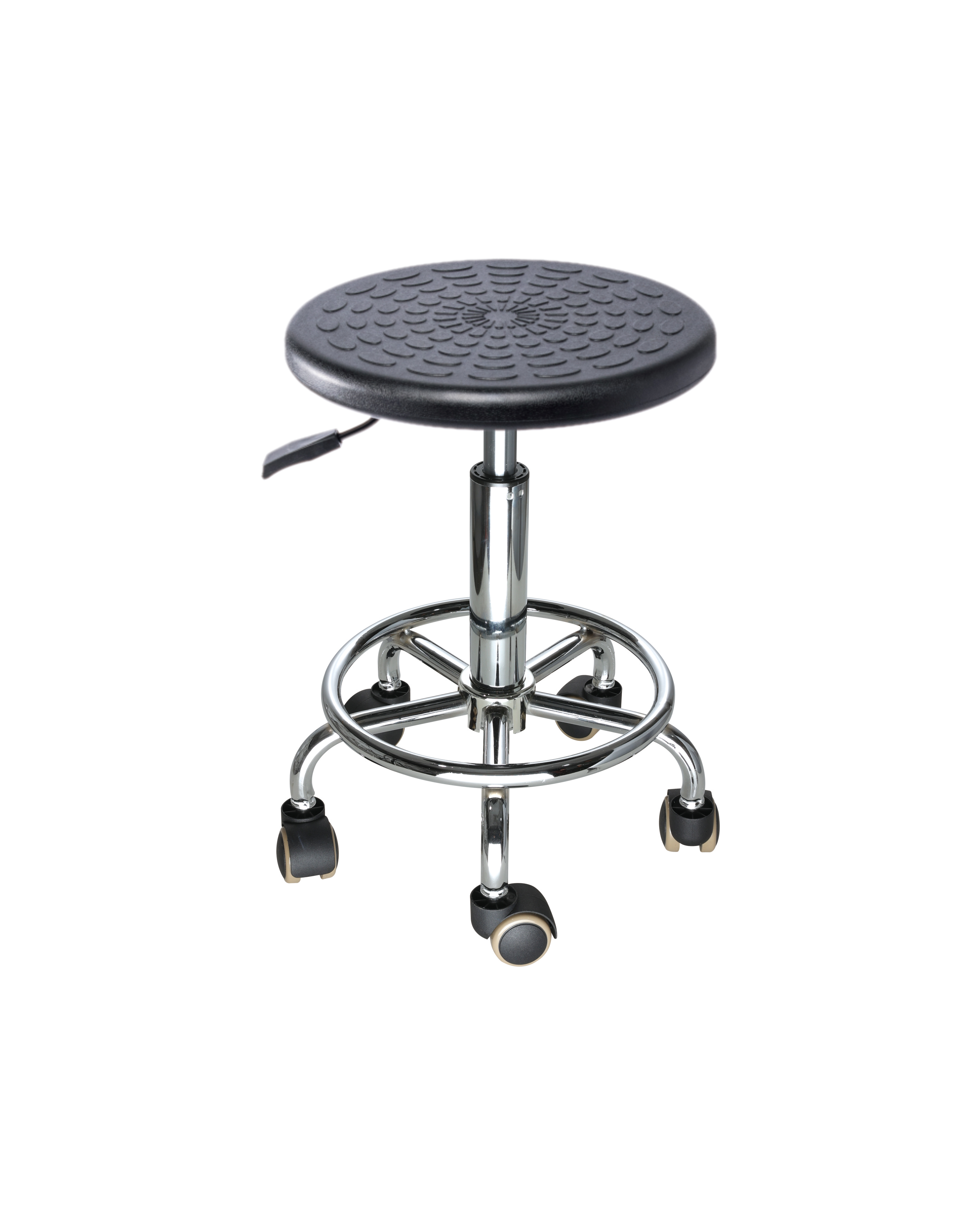 Adjustable Industrial PU Seating with Chrome Foot Ring and Wheels Laboratory Chair