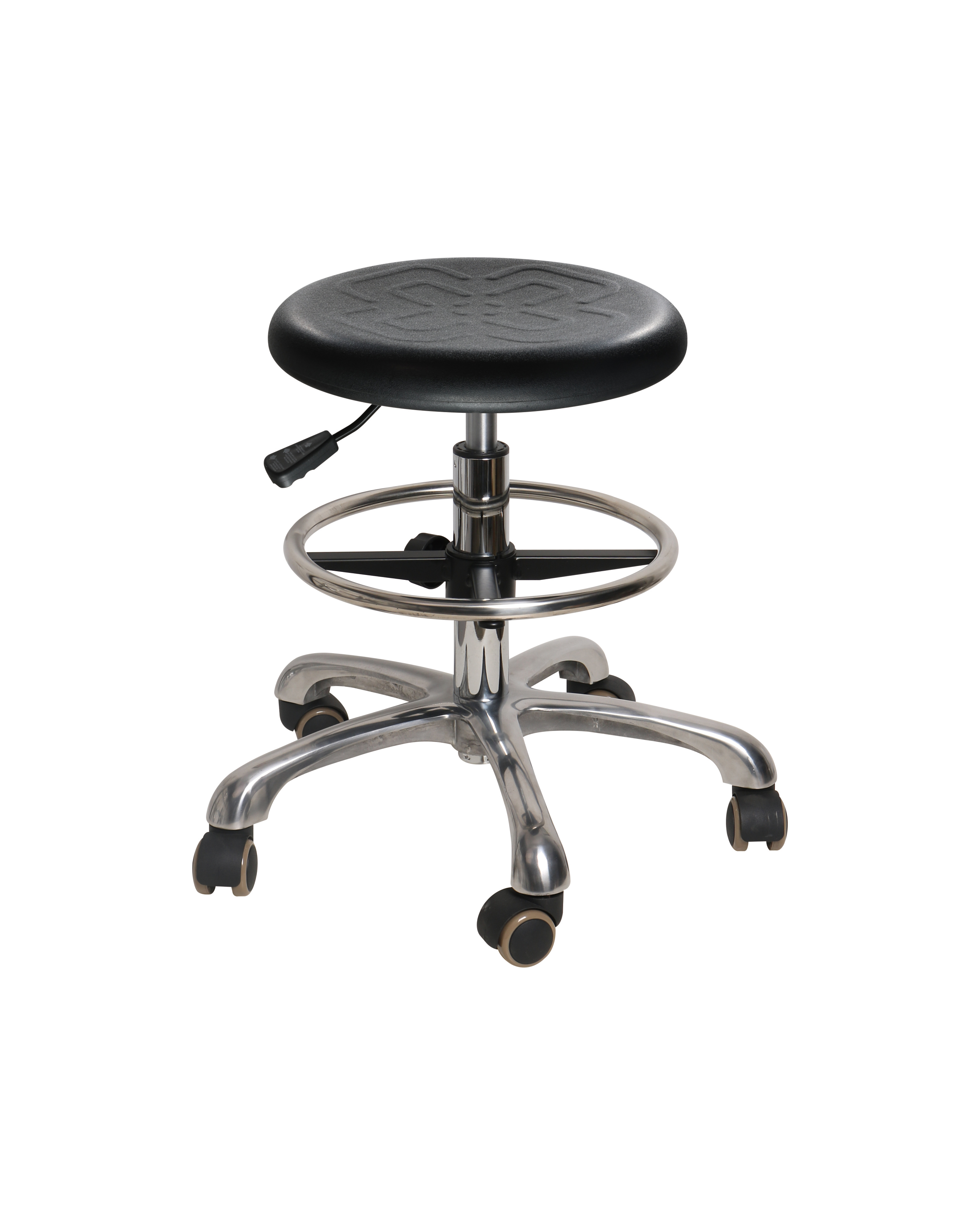 Industrial Polyurethane Adjustable Seating with Chrome Foot Ring and Casters Laboratory Chair