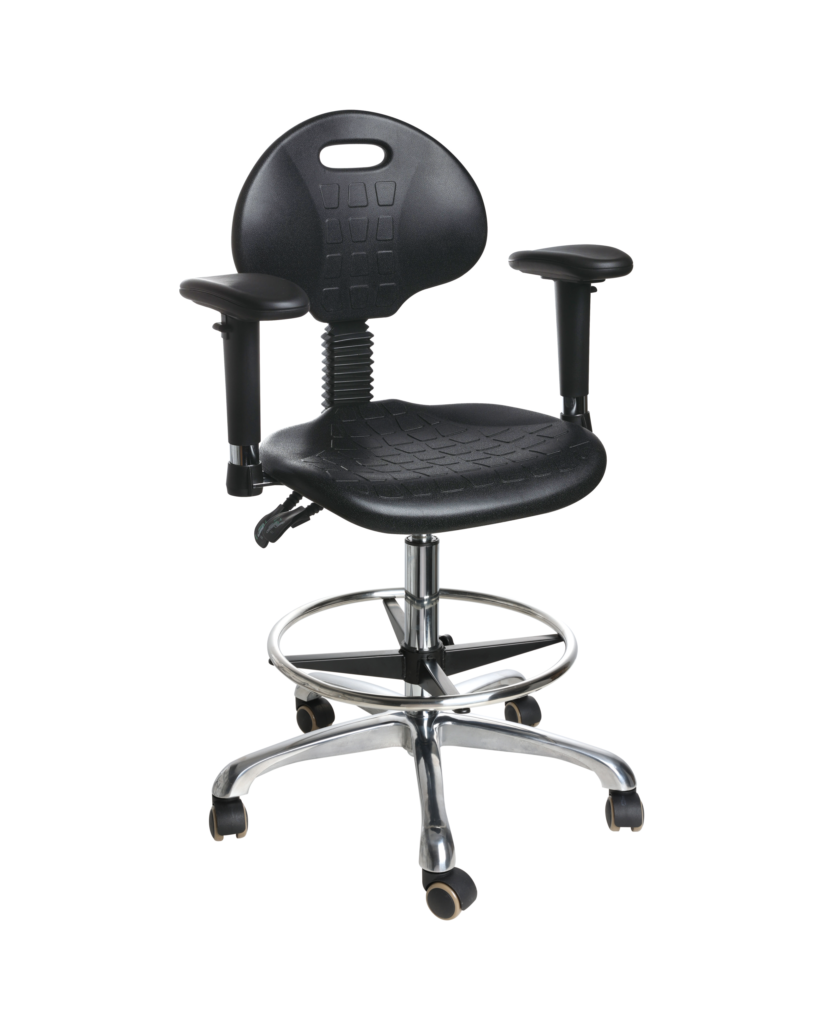 Adjustable Industrial Polyurethane Rolling Chair with Chrome Foot Ring Laboratory Chair
