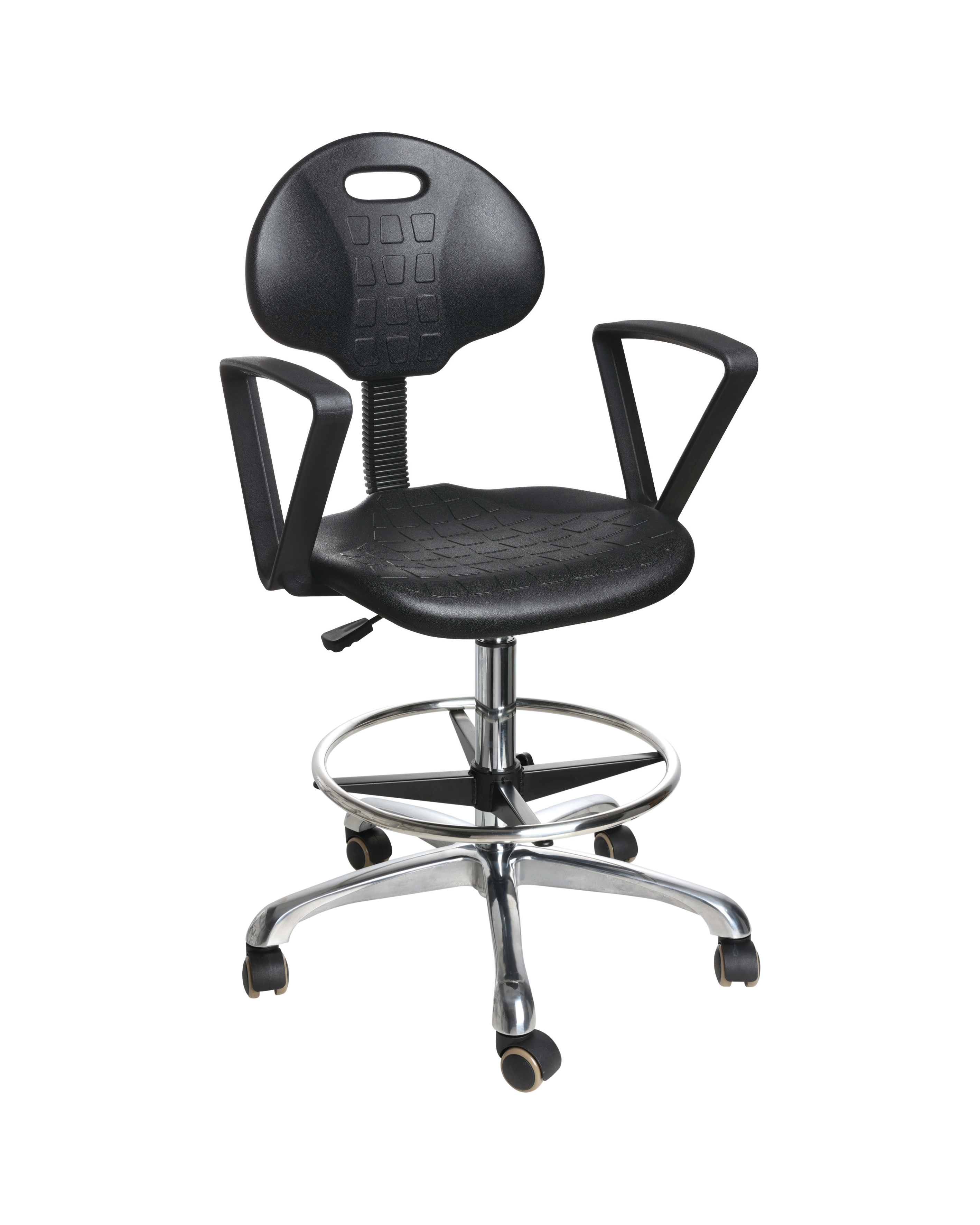 Industrial Polyurethane Chair with Chrome Foot Ring and Smooth Rolling Casters Lab Stool