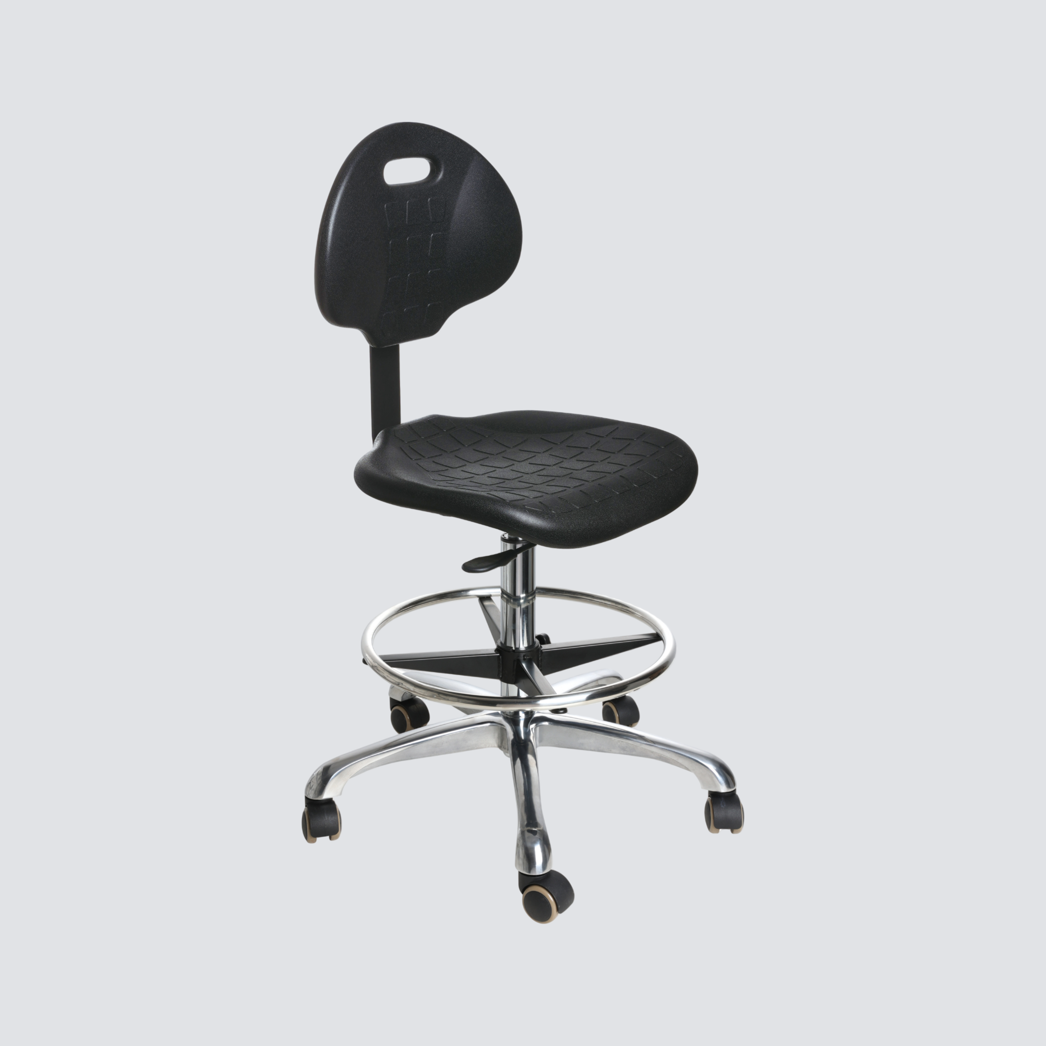 Industrial Polyurethane Adjustable with Casters and Chrome Foot Ring Laboratory Chair
