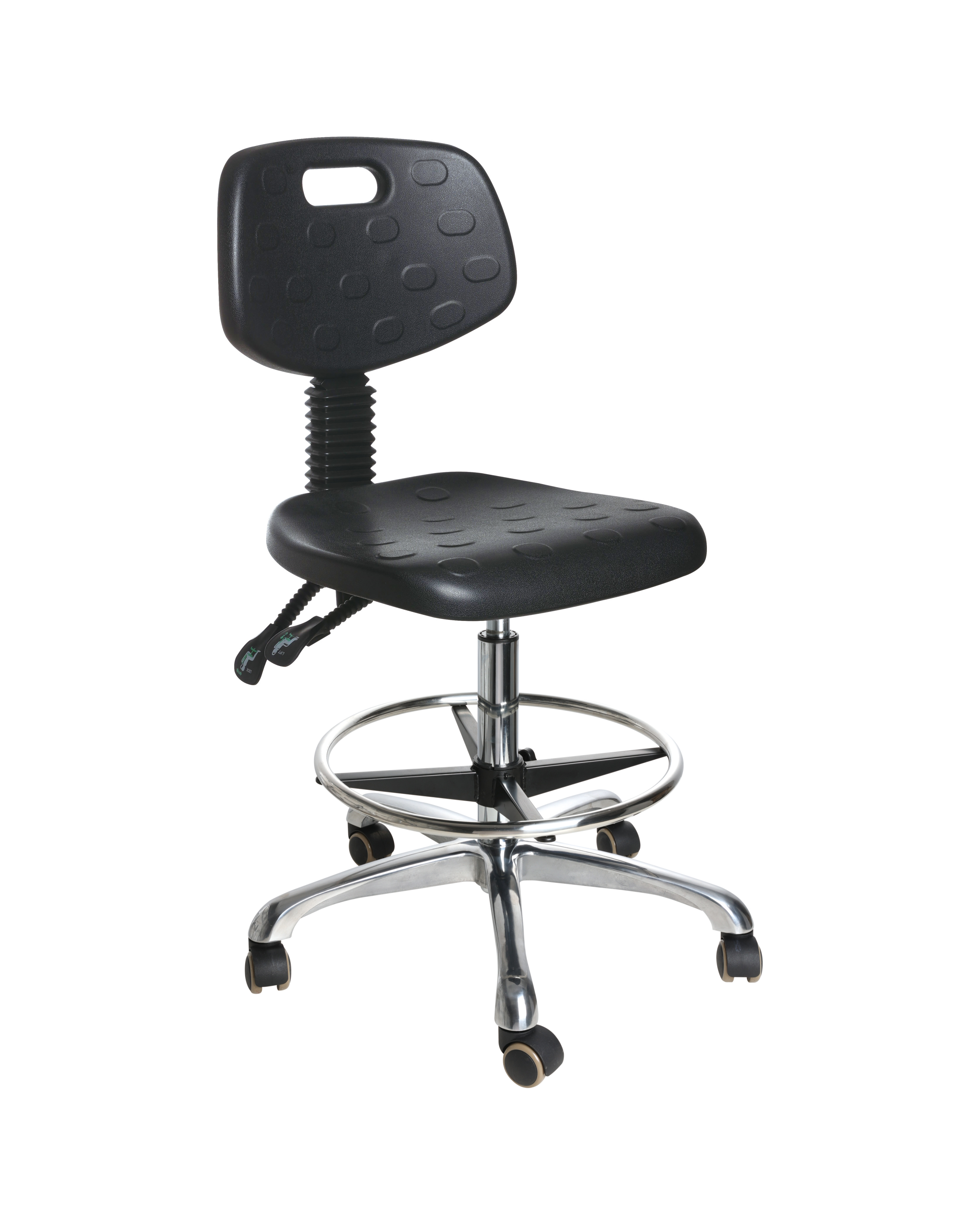 PU Industrial Adjustable Rolling Chair with Chrome Foot Ring Laboratory Chair