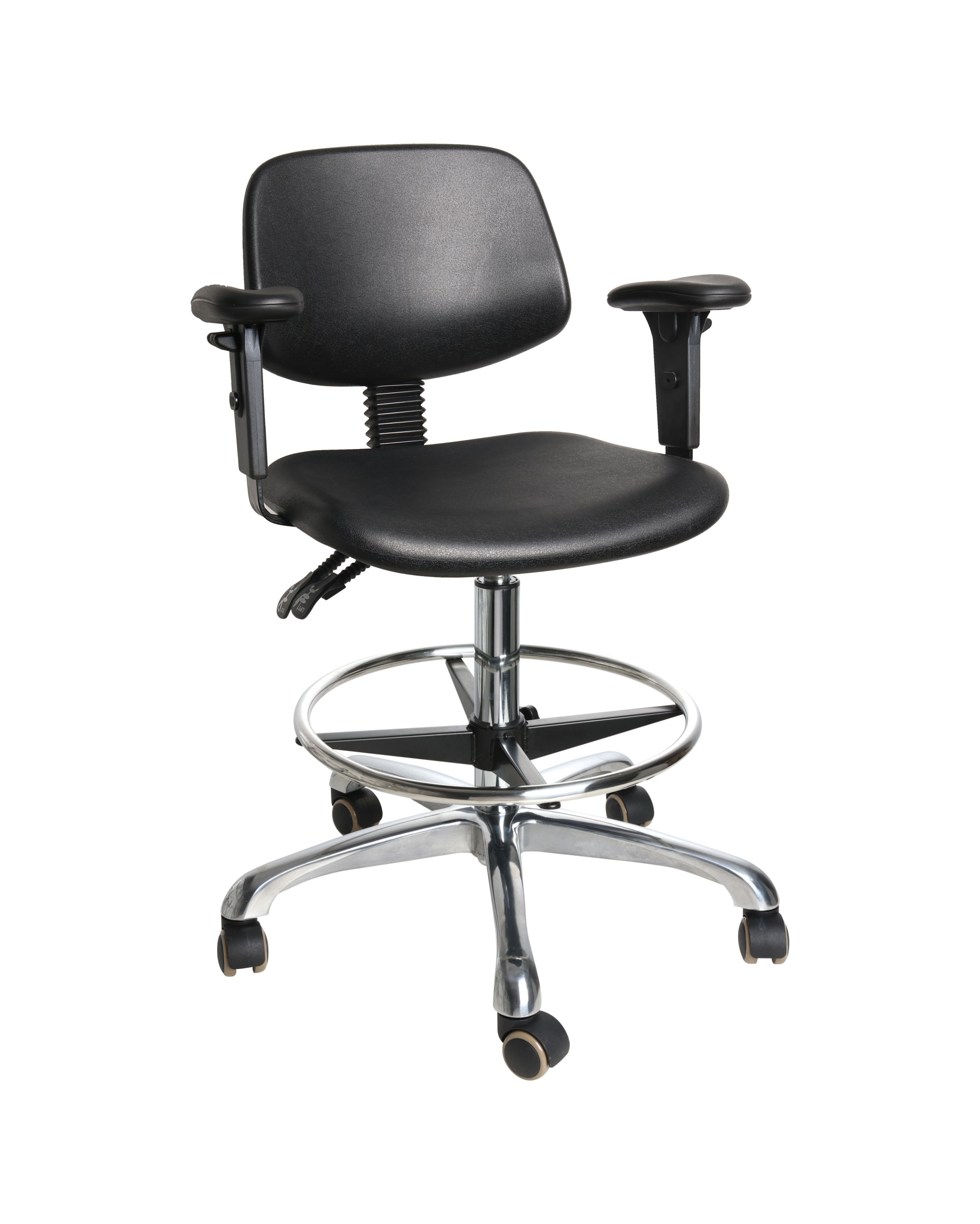 Black Adjustable Industrial Polyurethane Seating with Chrome Foot Ring Lab Chair