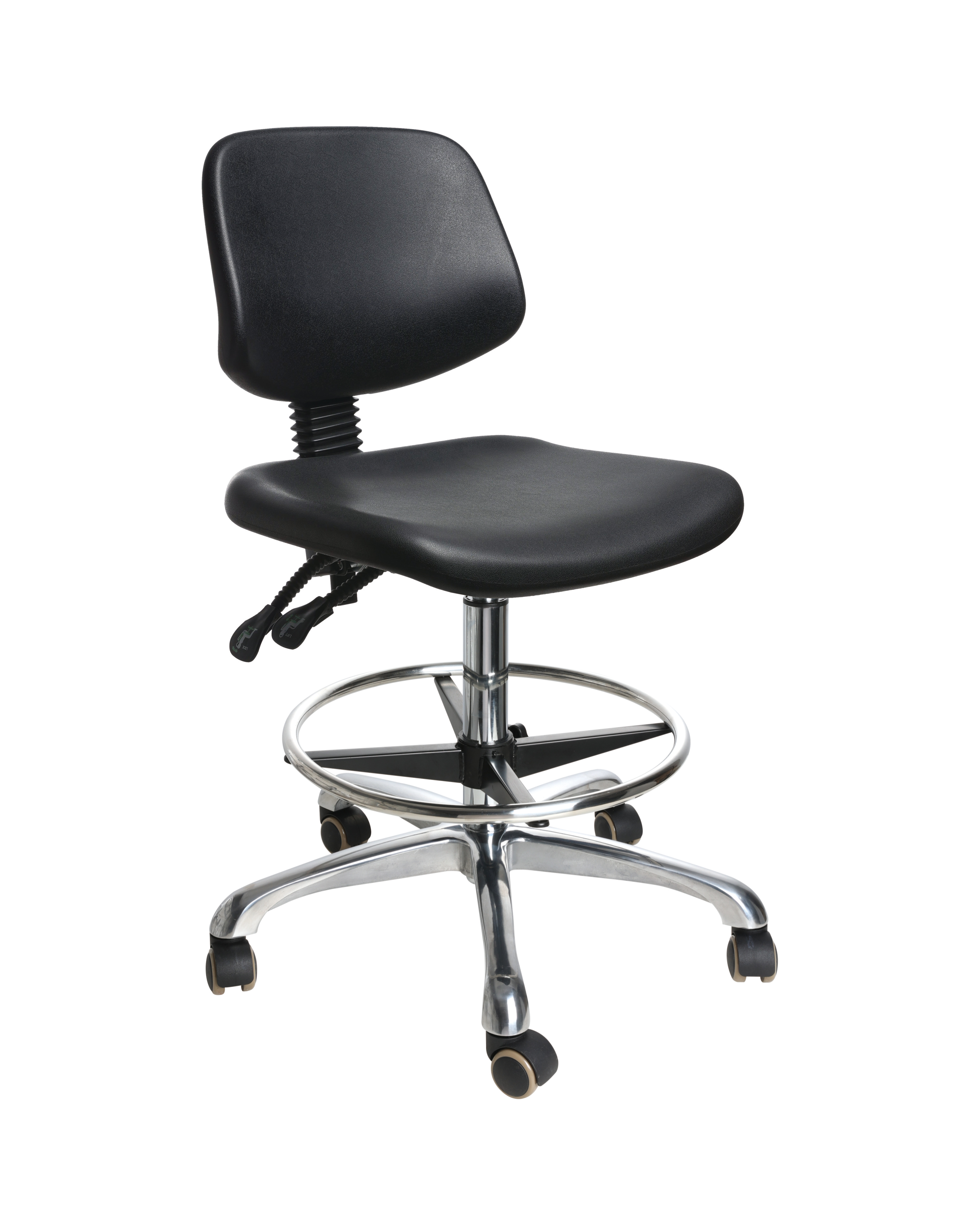 Black Heavy Duty Industrial Polyurethane Chair with Chrome Foot Ring Laboratory Chair