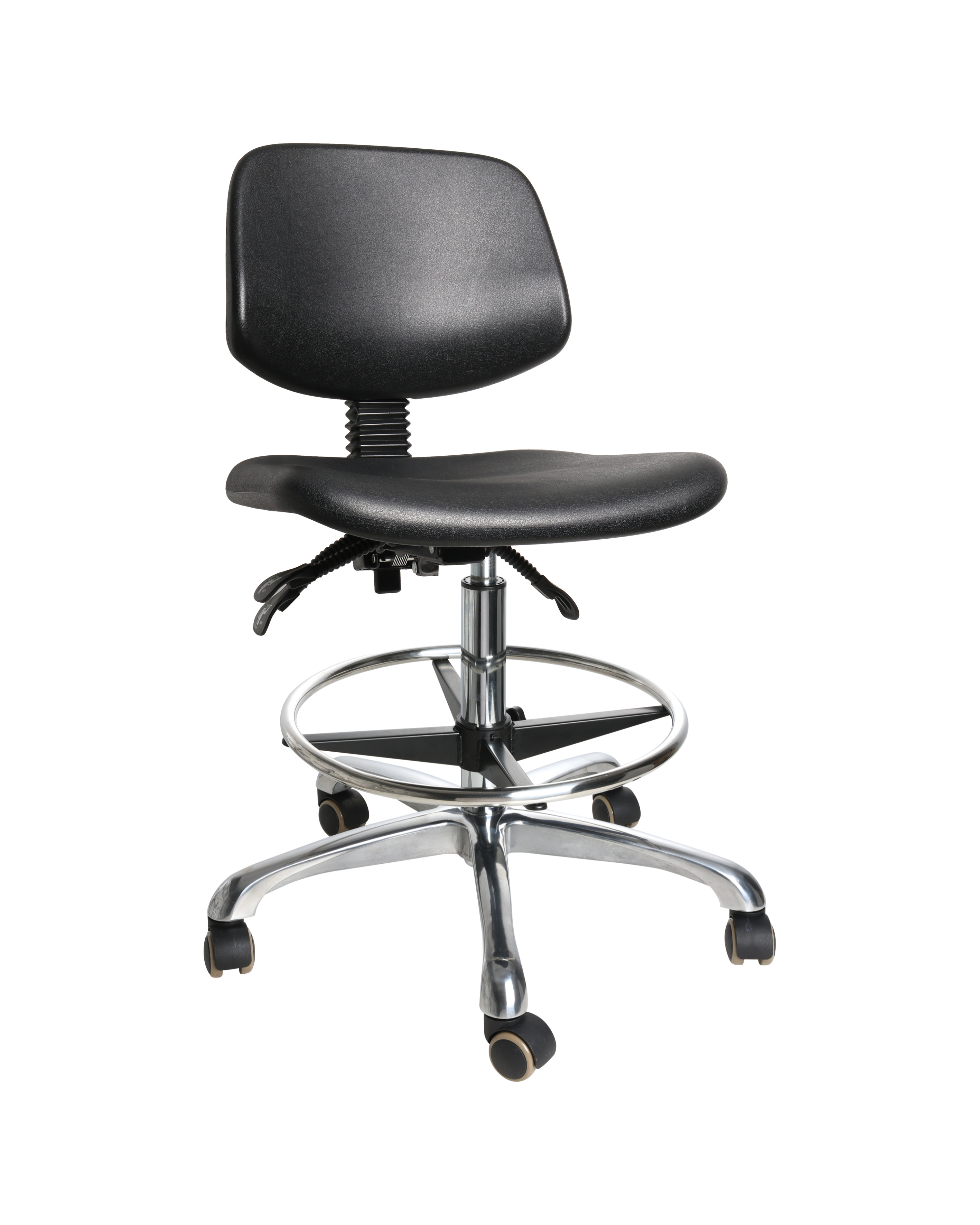 Black Heavy Duty Industrial Polyurethane Chair with Chrome Foot Ring Laboratory Chair