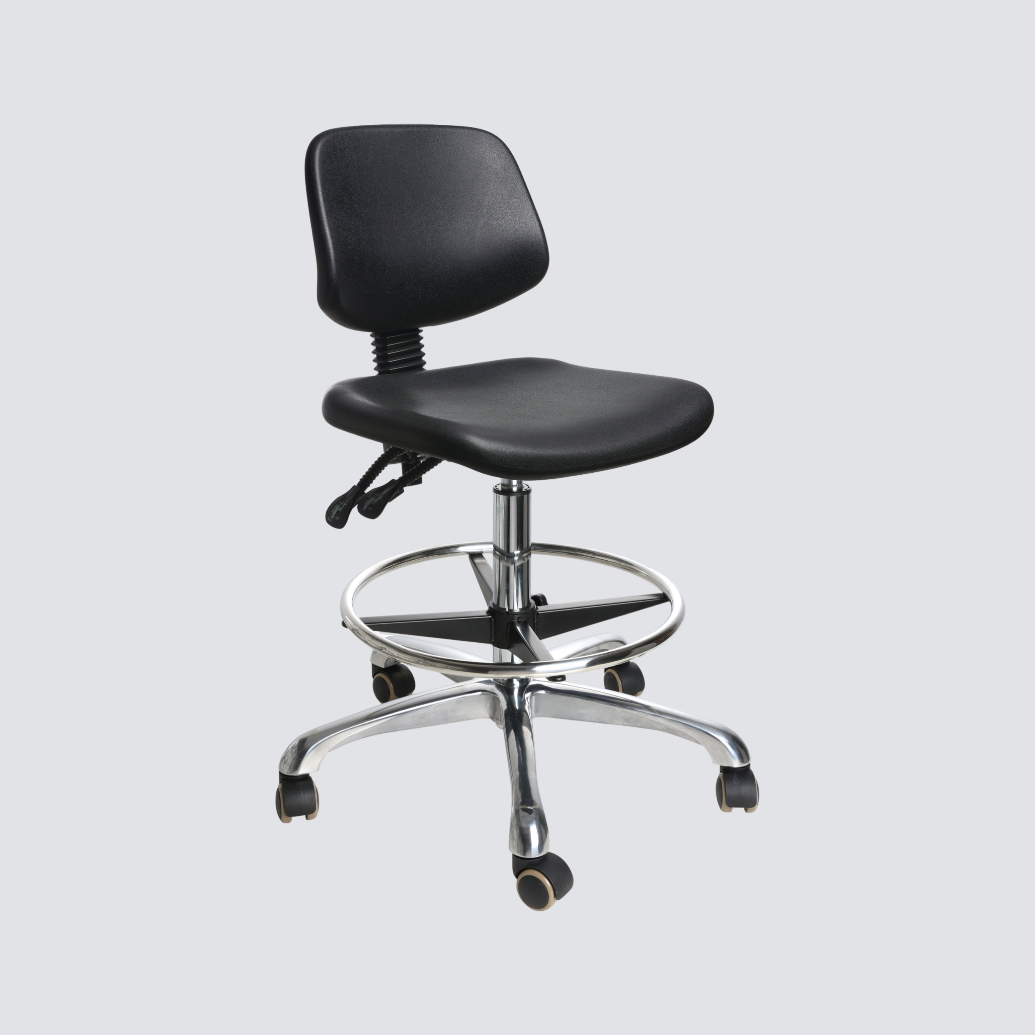 Industrial Polyurethane Lab Seating Casters Chrome Foot Ring Adjustable